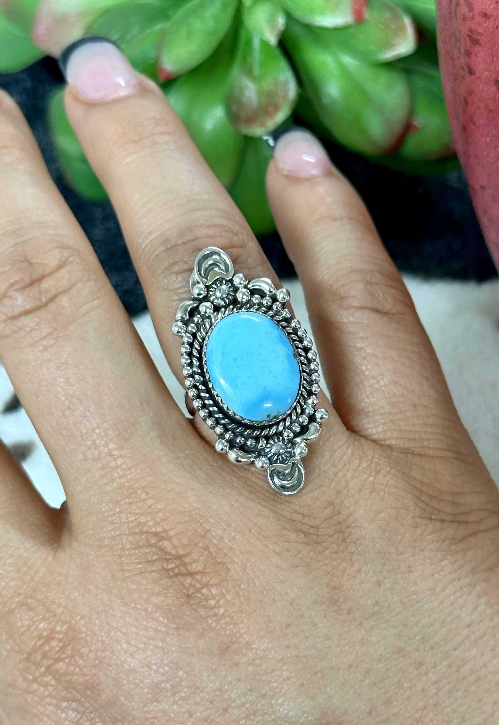 Southwest Handmade Golden Hill’s Turquoise & Sterling Silver Ring Size 7.25