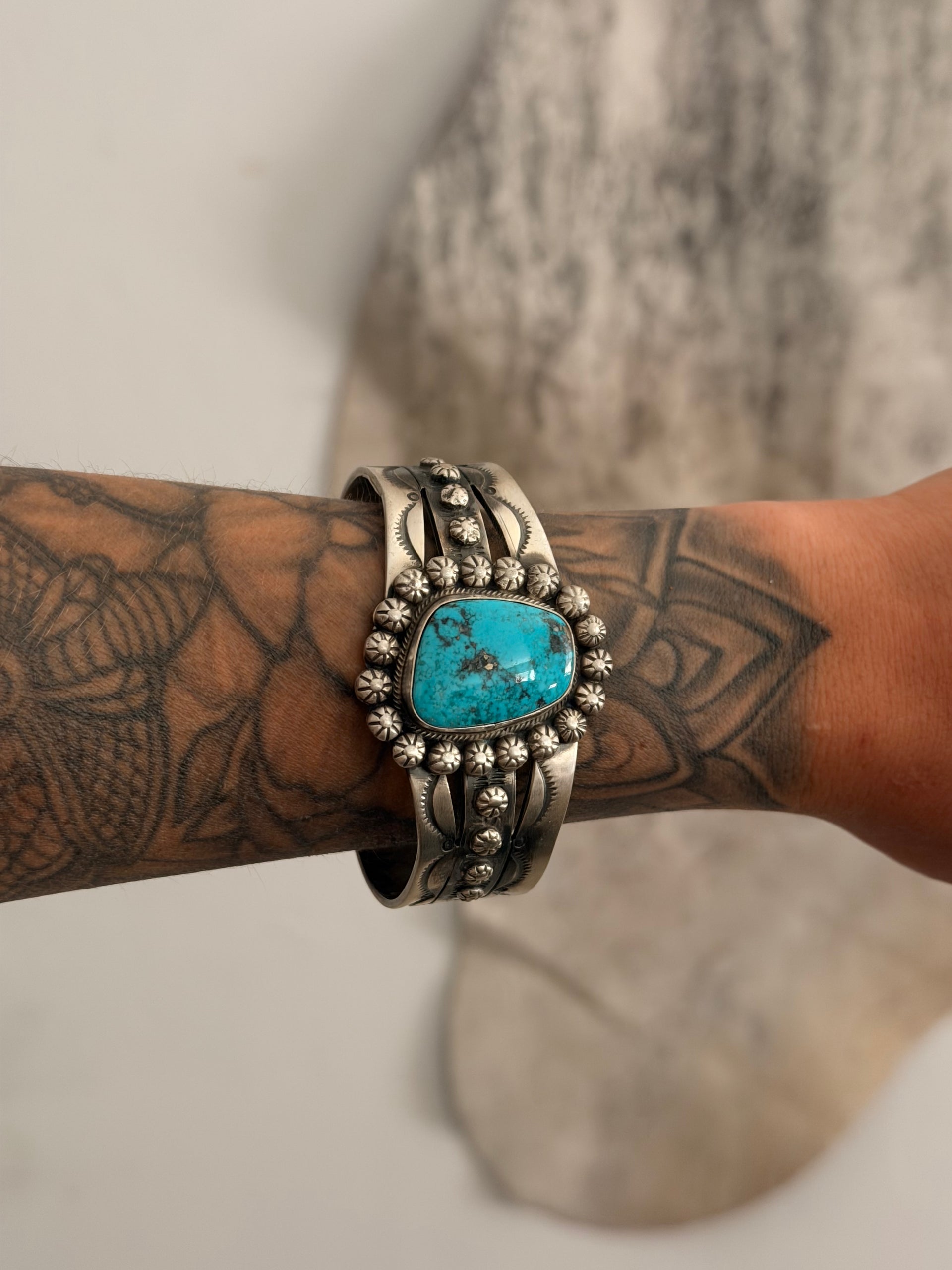 Navajo Made Egyptian Turquoise & Sterling Silver Cuff Bracelet