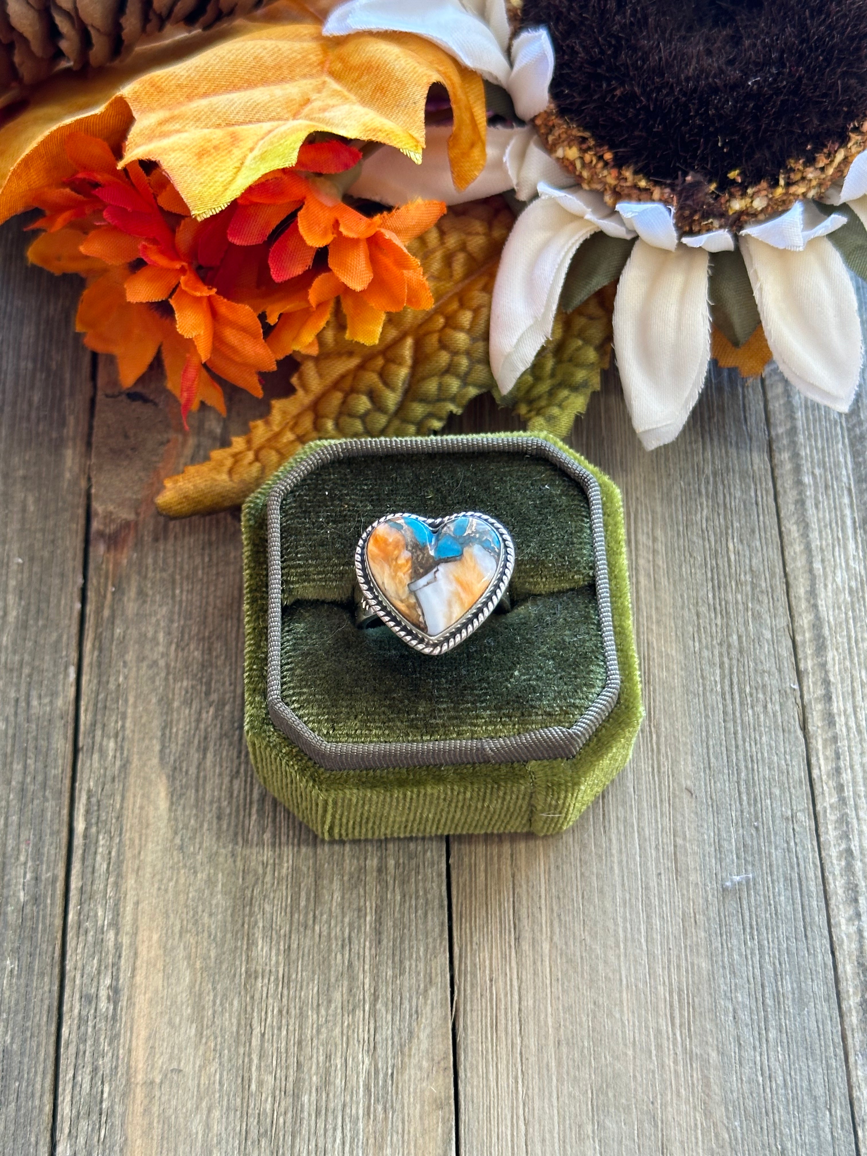 Southwest Handmade Mohave Turquoise & Sterling Silver Adjustable Heart Ring