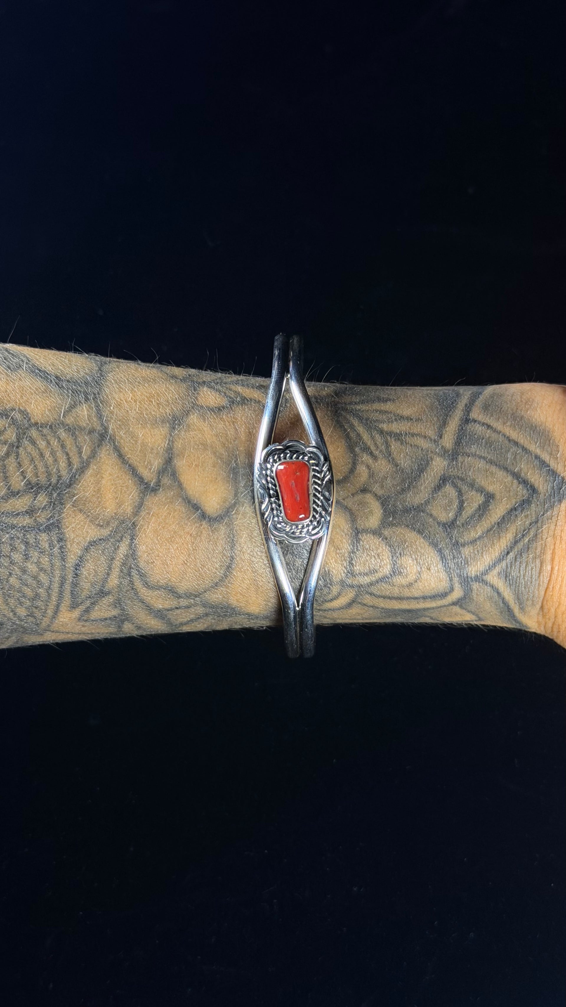 Navajo Made Mediterranean Coral & Sterling Silver Cuff Bracelet
