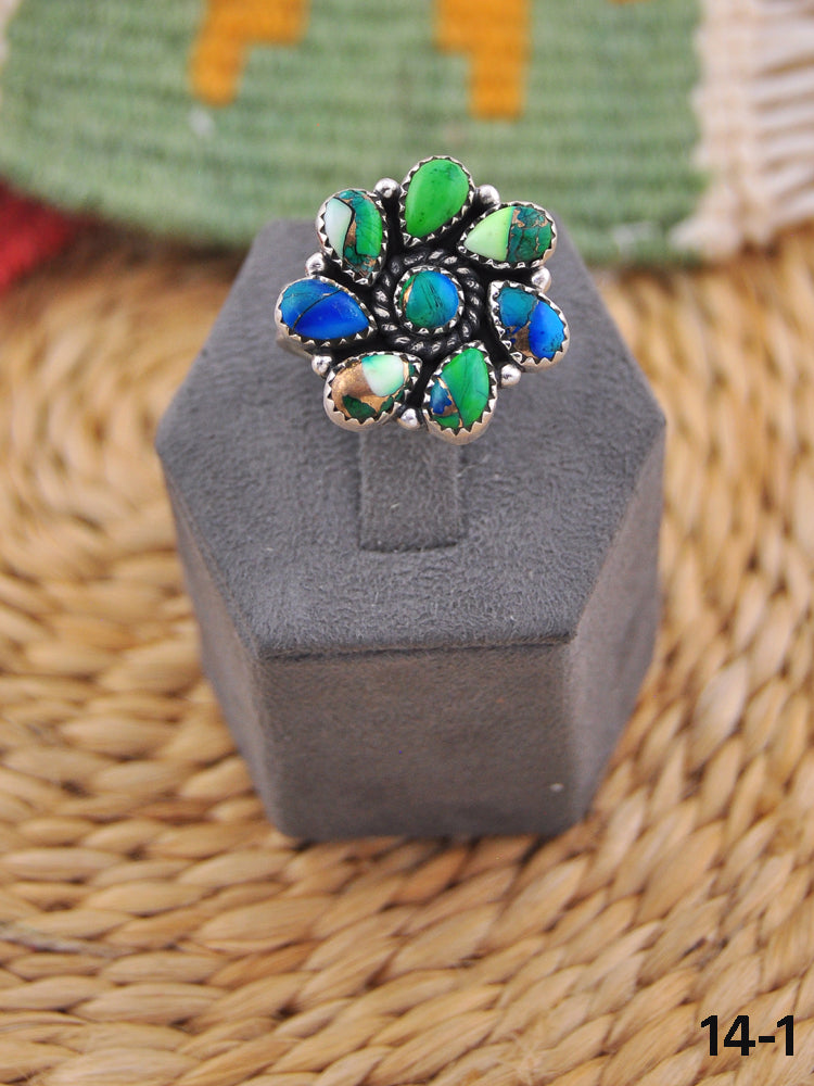 Southwest Handmade Peacock Dahlia & Sterling Silver Adjustable Ring