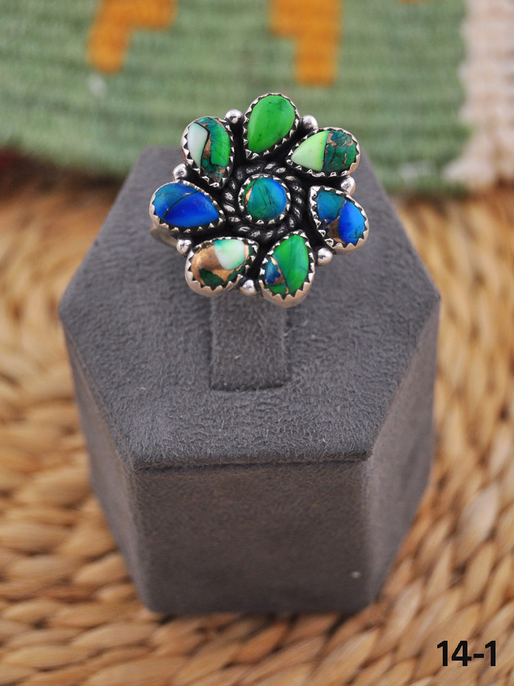 Southwest Handmade Peacock Dahlia & Sterling Silver Adjustable Ring