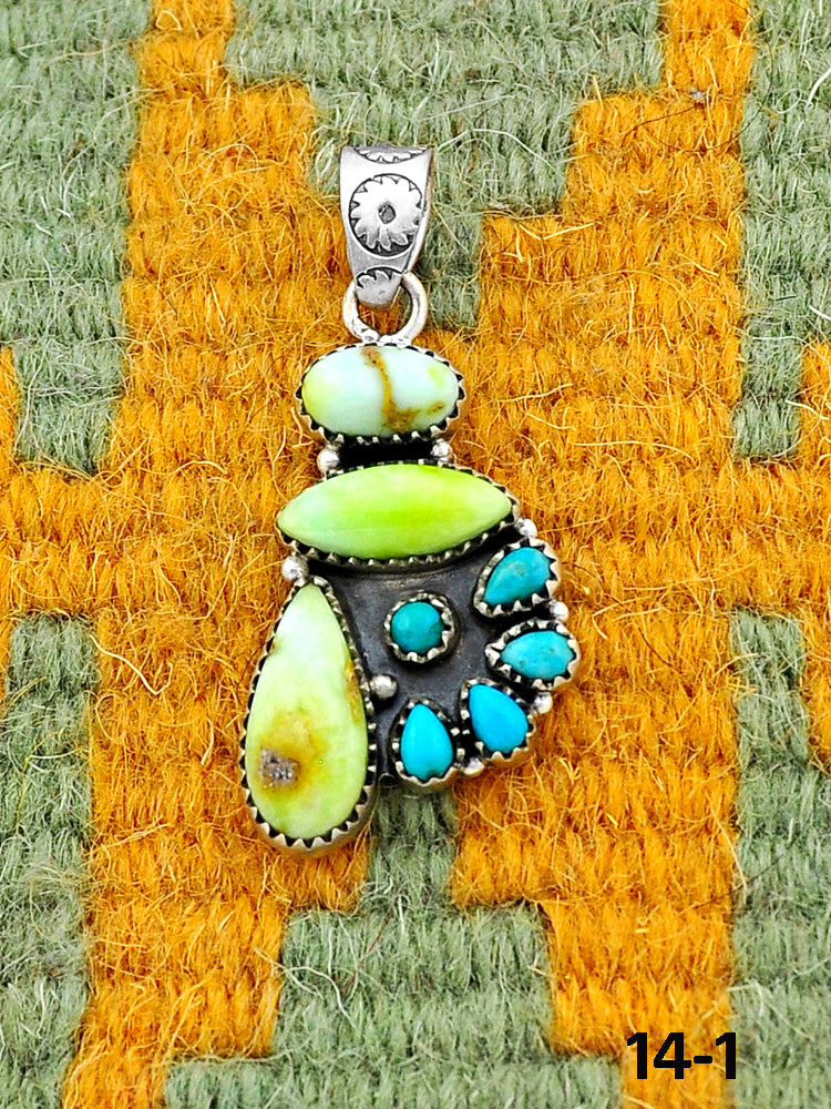 Southwest Handmade Palomino Turquoise with Mohave Turquoise & Sterling Silver Pendants