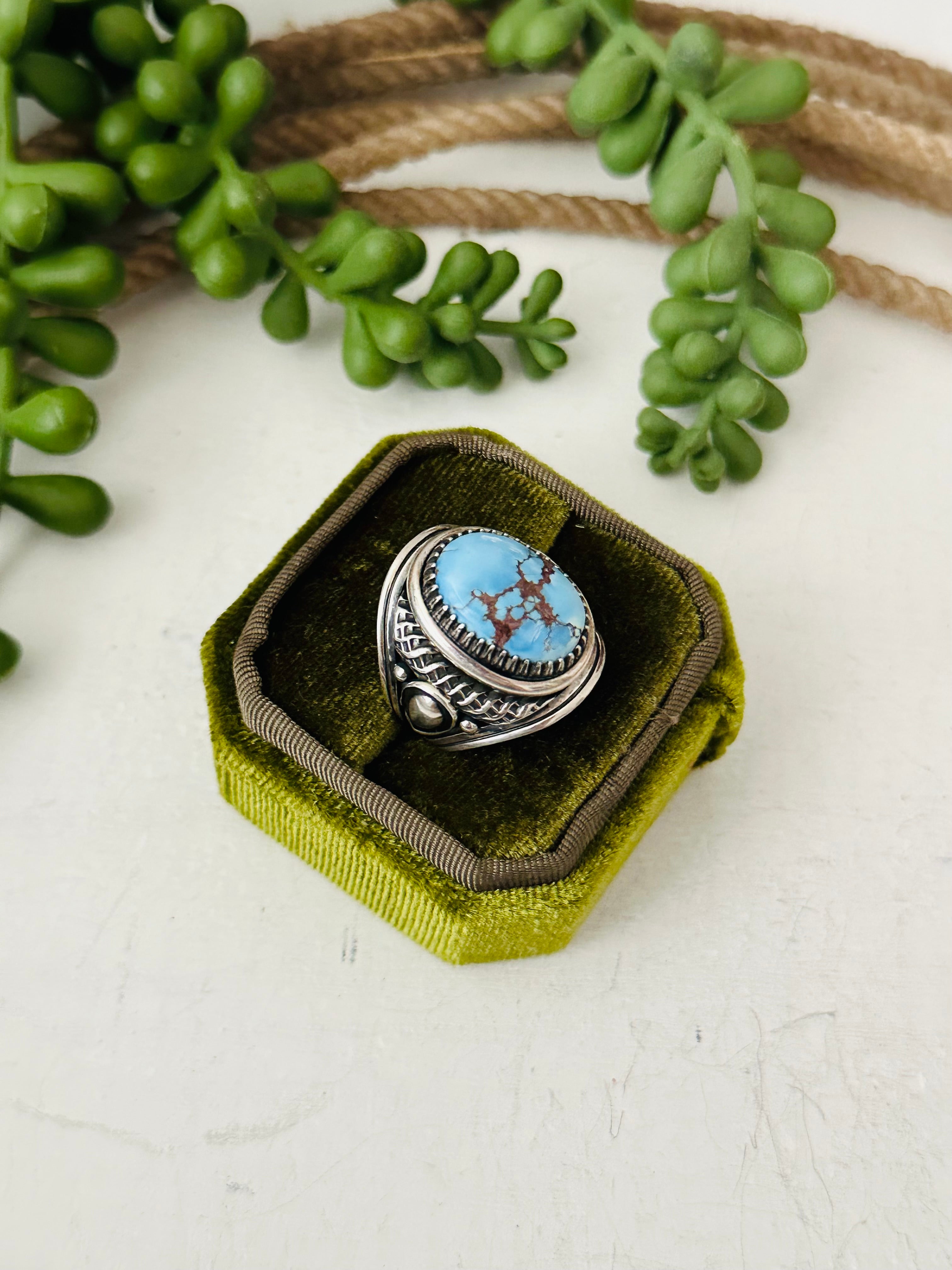 Navajo Made Golden Hills Turquoise & Sterling Silver Ring Size 7.75