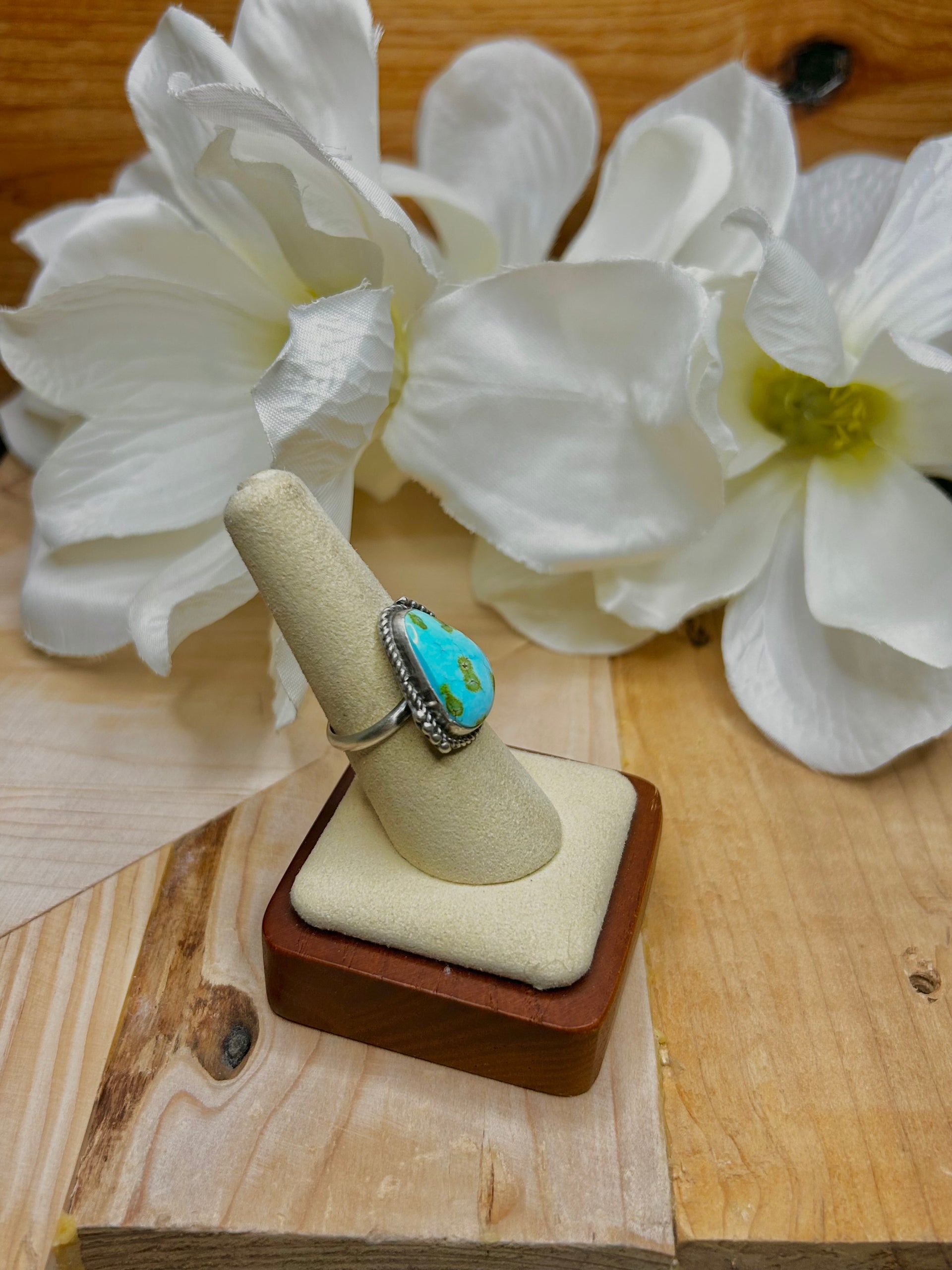 Navajo Made Sonoran Mountain Turquoise & Sterling Silver Cluster Ring Size 8