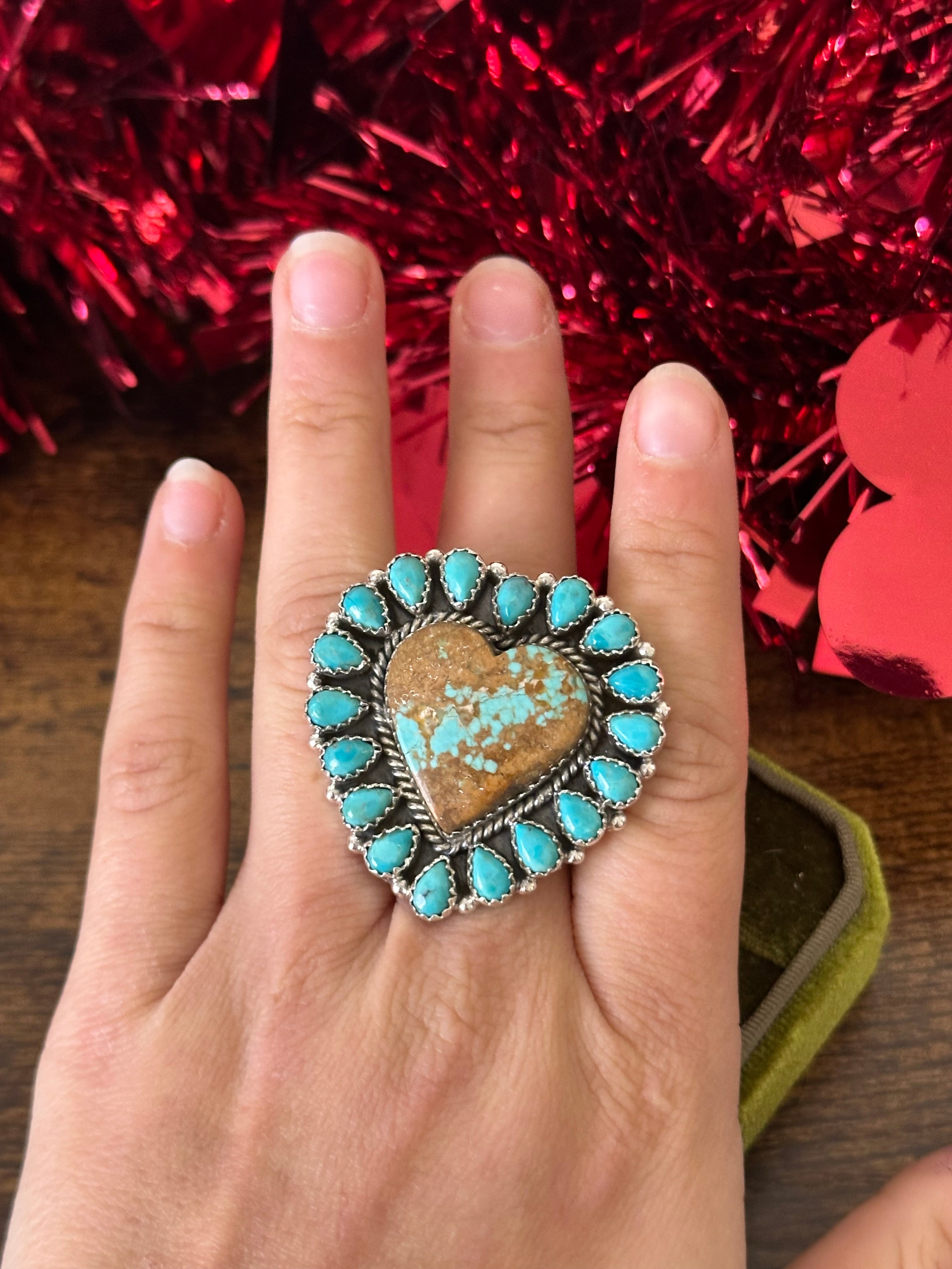 Southwest Handmade Multi Turquoise & Sterling Silver Heart Cluster Adjustable Ring