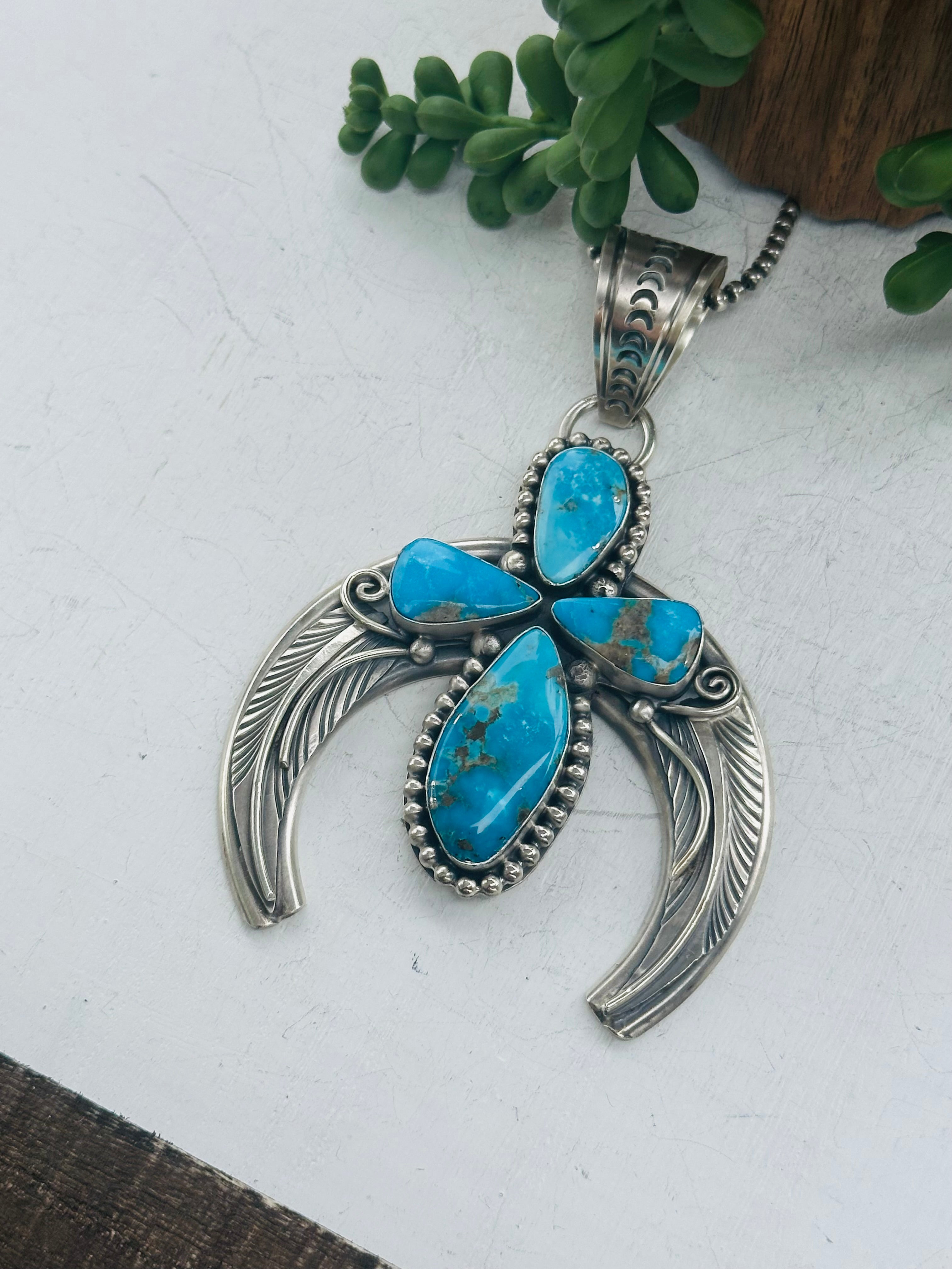 Navajo Made Kingman Turquoise & Sterling Silver Naja Pendant