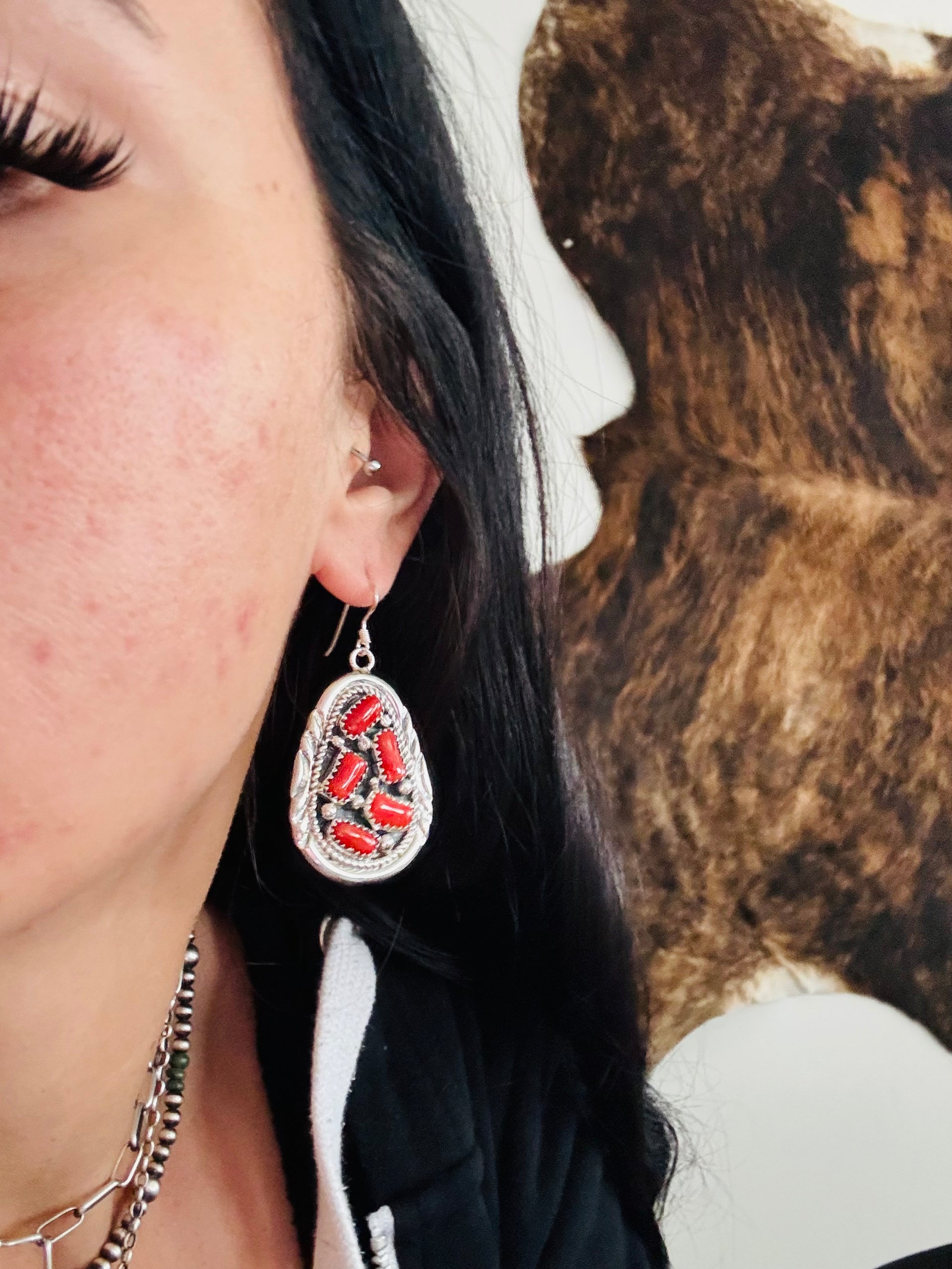 Julia Etsitty Coral & Sterling Silver Dangle Cluster Earrings