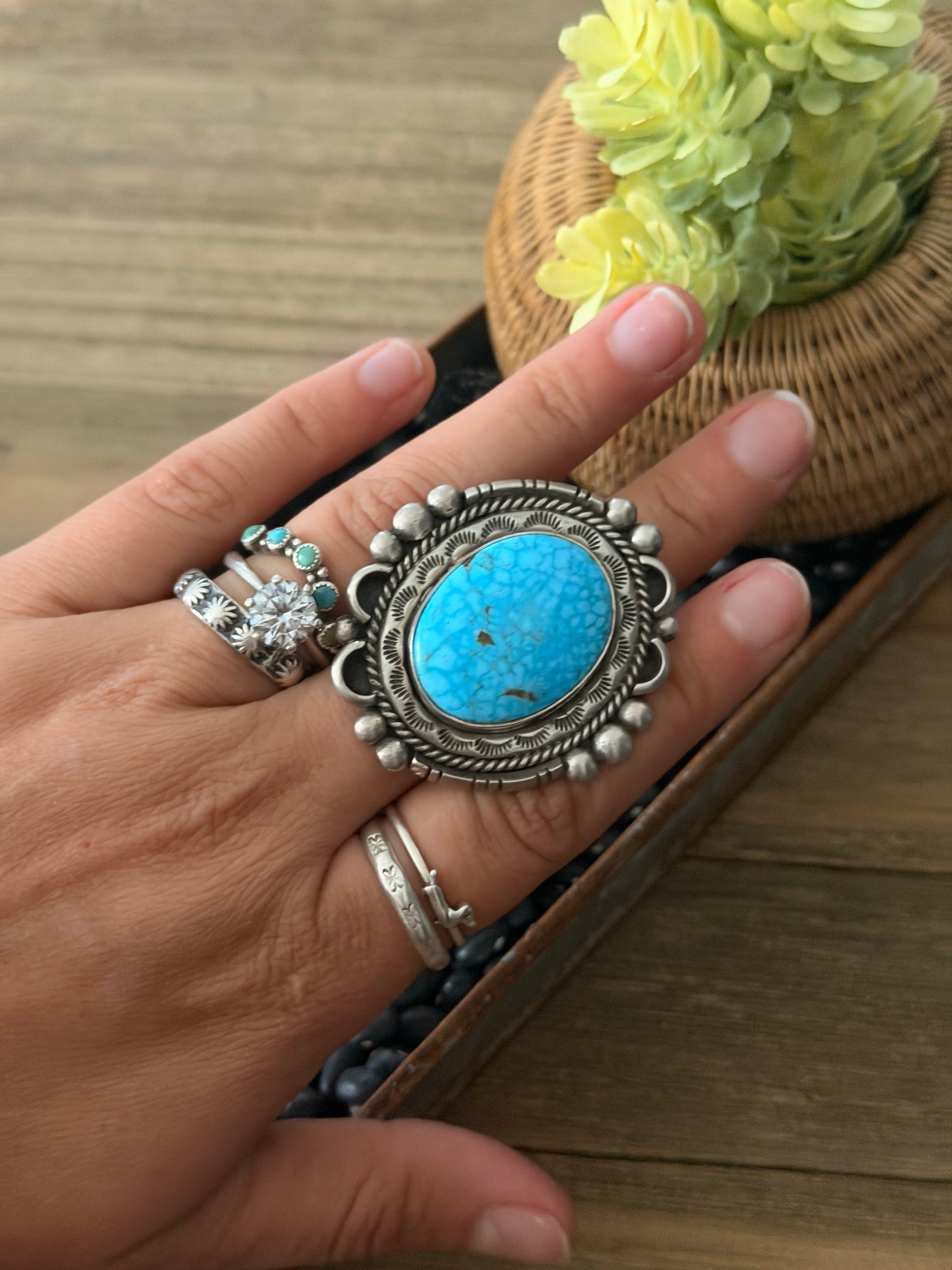 Fred Francis Highgrade Kingman Turquoise & Sterling Silver Adjustable Ring