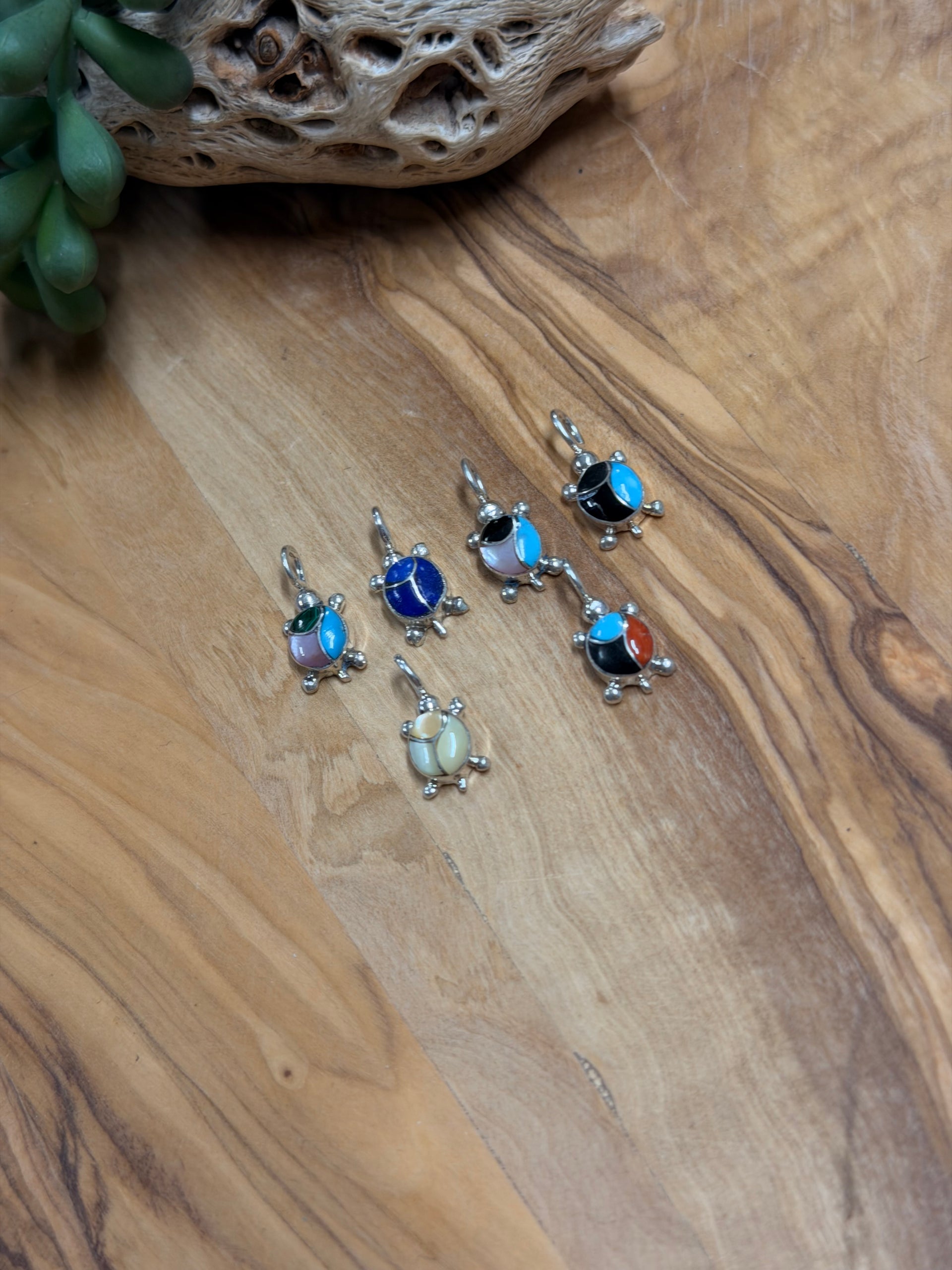 Zuni Made Multi Stone & Sterling Silver Inlay Turtle Pendant