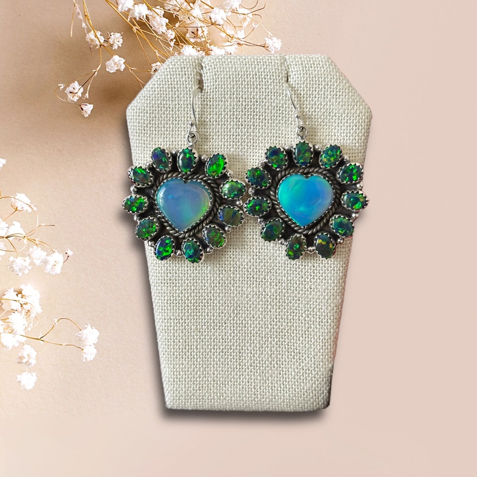 Southwest Handmade Opal & Sterling Silver Dangle Cluster Heart Earrings