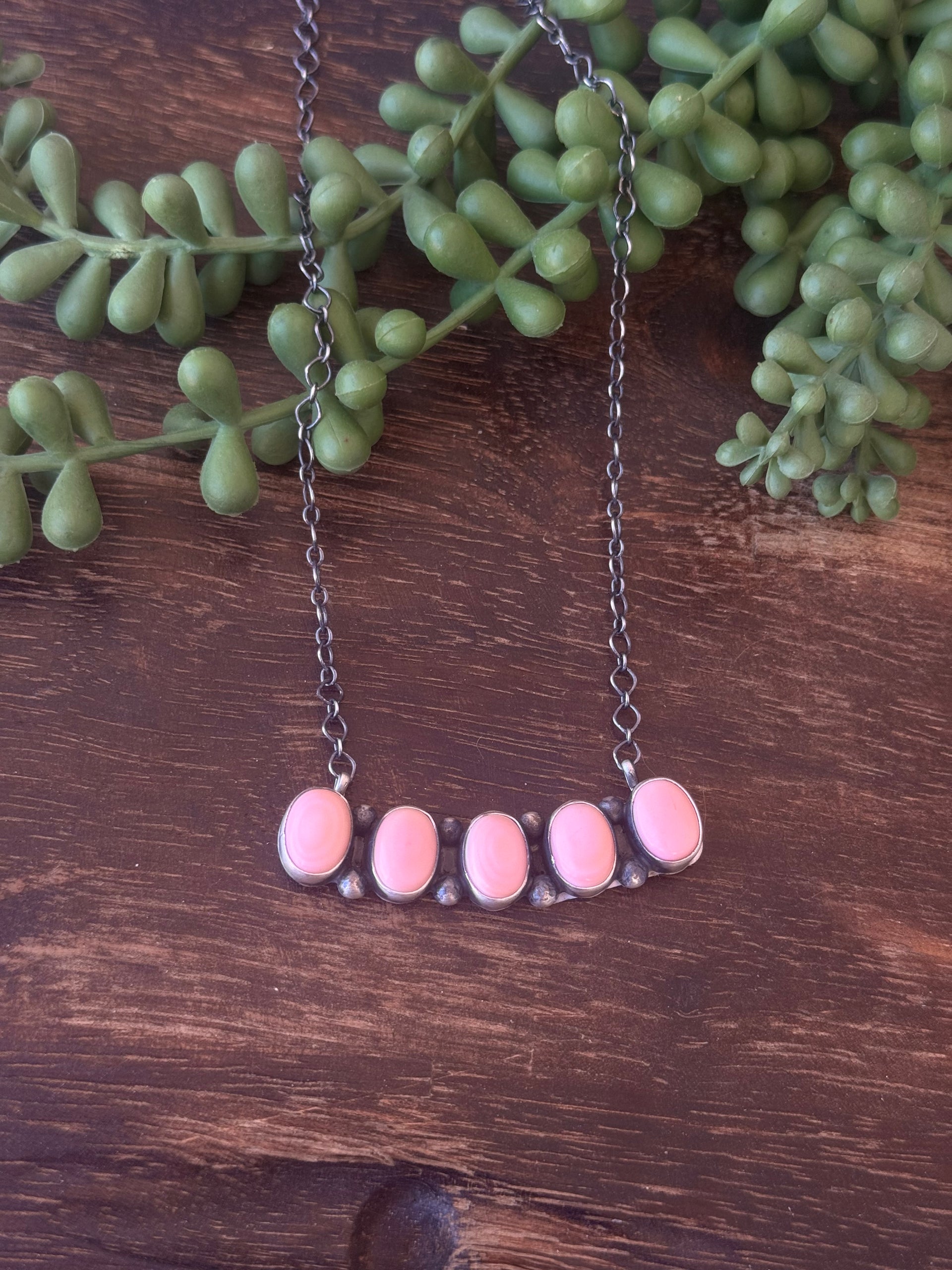 Eli Skeets Pink Conch & Sterling Silver Cluster Necklace