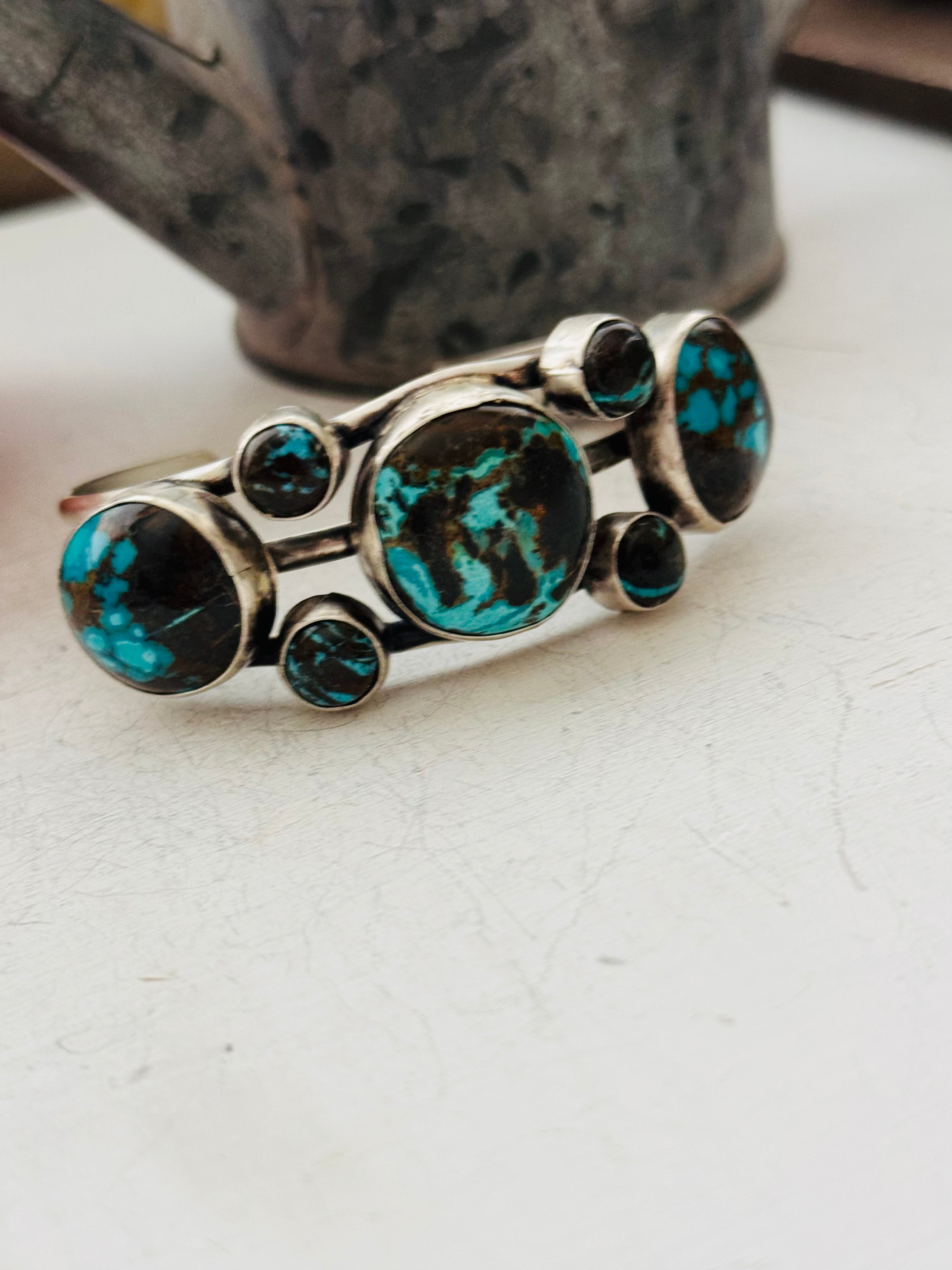 Bobby Johnson Blue Moon Turquoise & Sterling Silver Cluster Cuff Bracelet