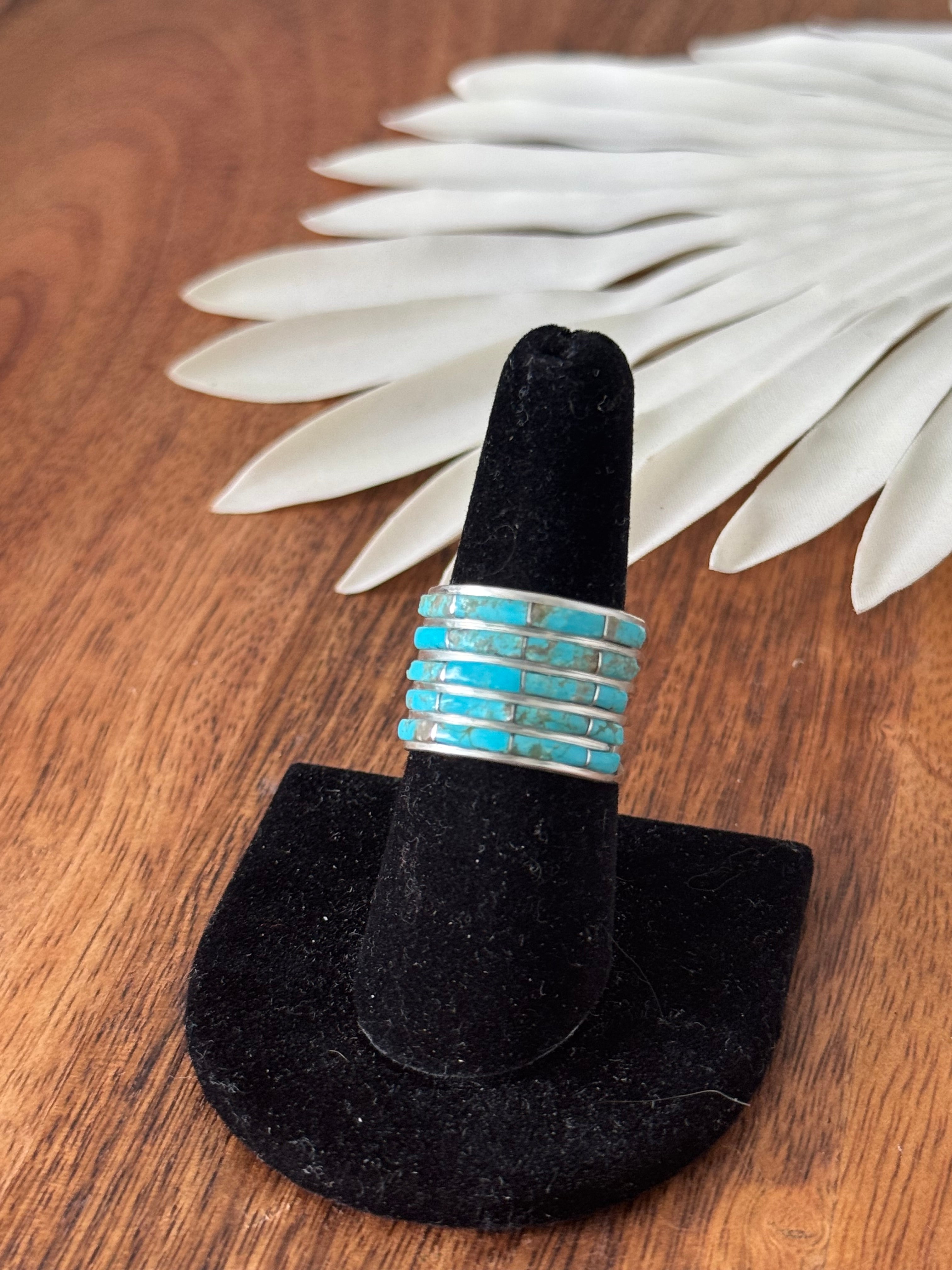 Navajo Made Kingman Turquoise & Sterling Silver Inlay Ring