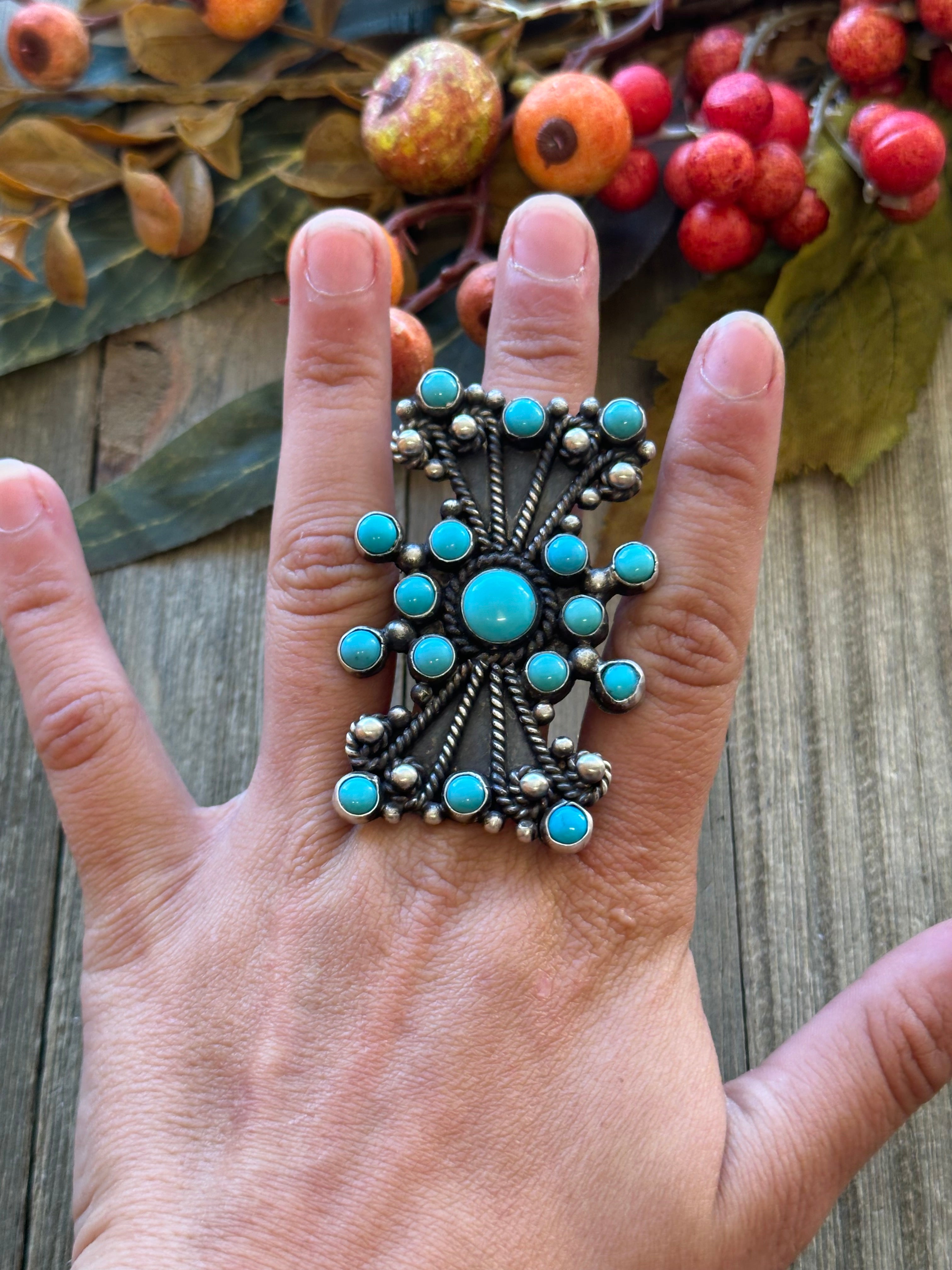 Navajo Made Kingman Turquoise & Sterling Silver Adjustable Ring Size 8