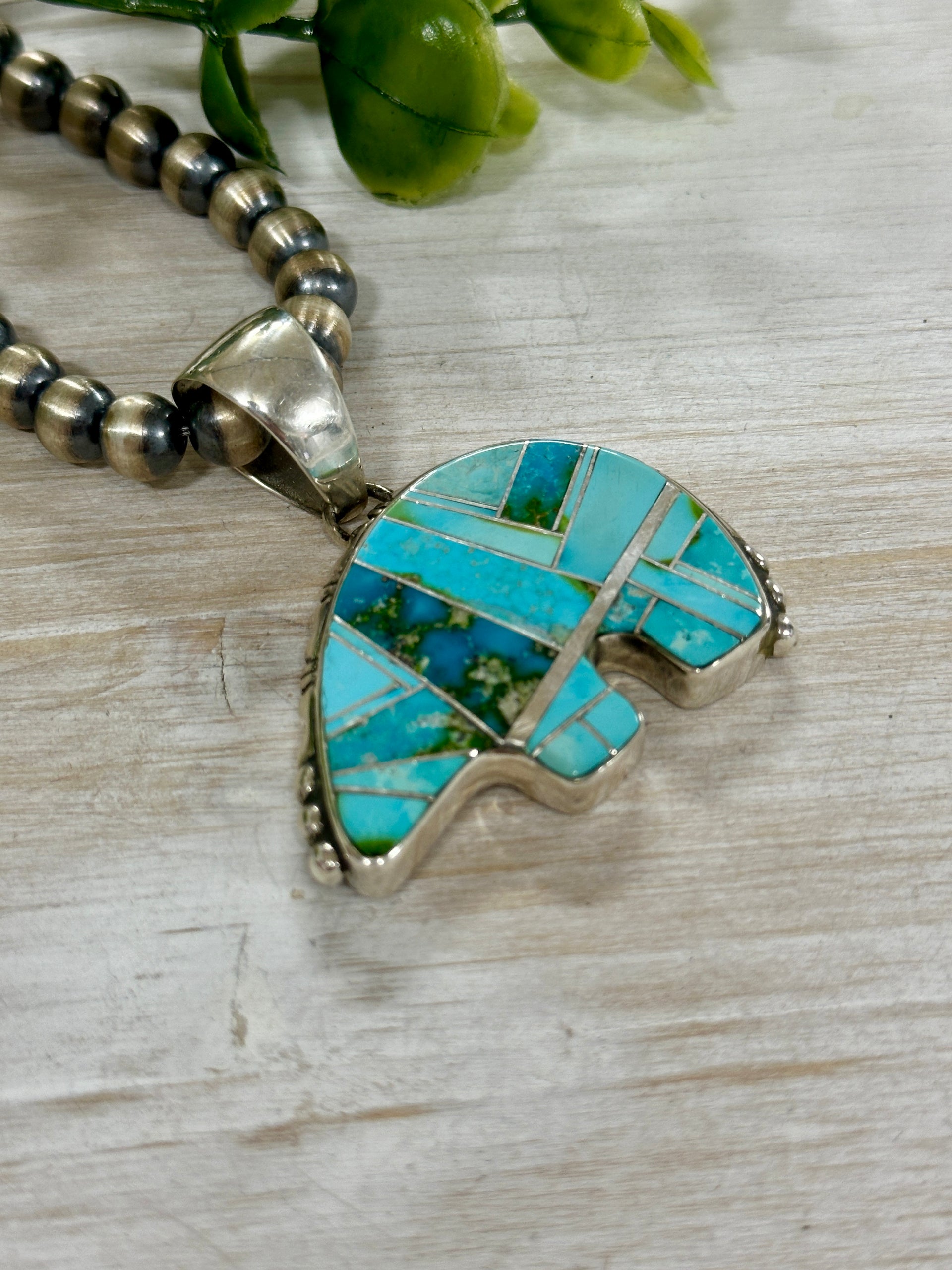 Navajo Made Sonoran Mountain Turquoise & Sterling Silver Bear Inlay Pendant