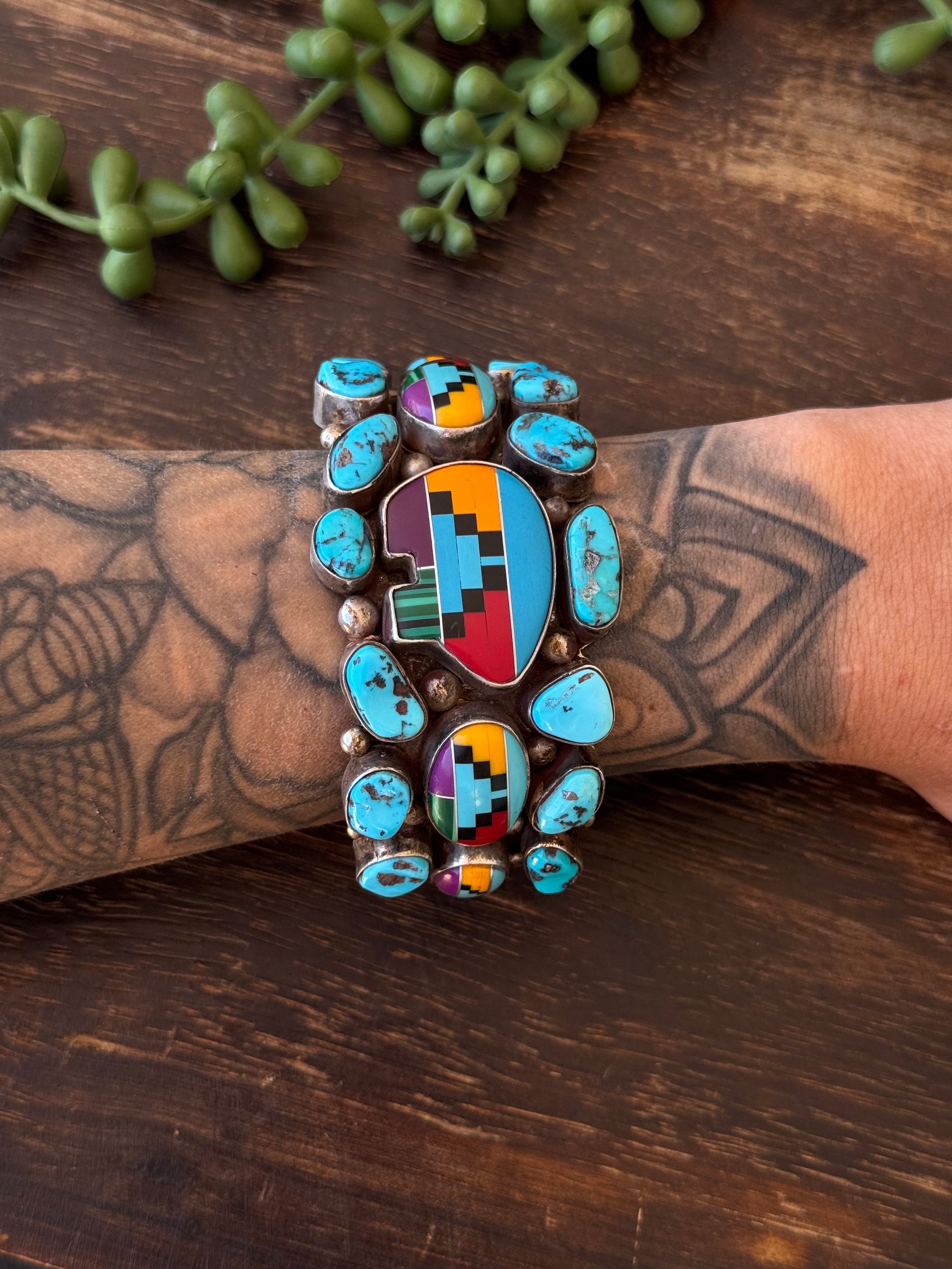 Vintage Jack Bly Multi Stone & Sterling Silver Inlay Cuff Bracelet