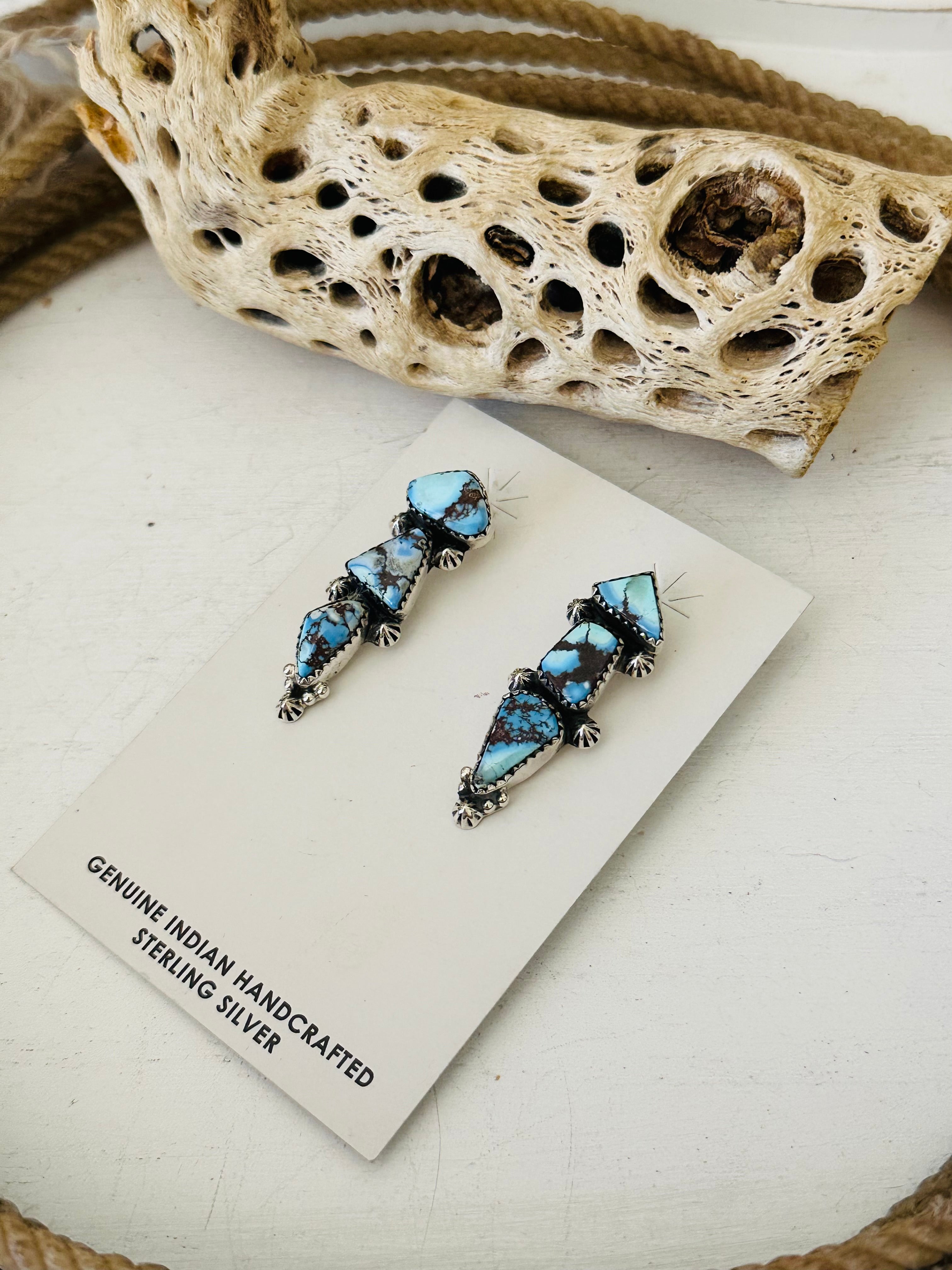 Southwest Handmade Golden Hills Turquoise & Sterling Silver Post Dangle Earrings