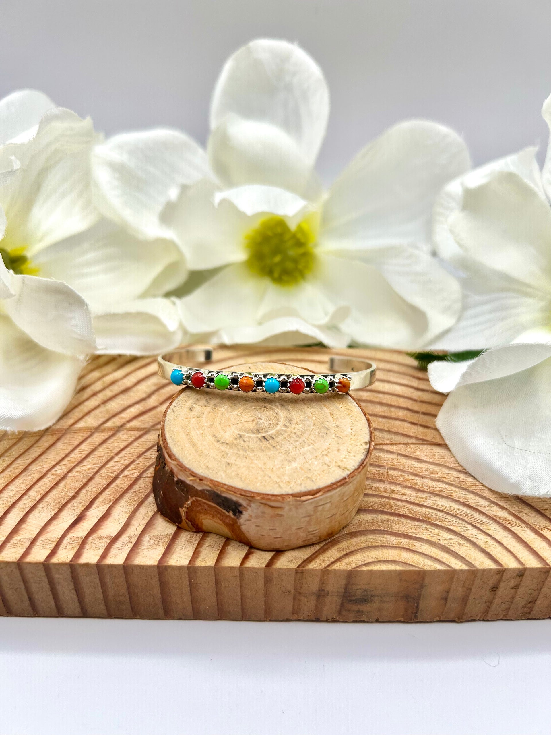 Navajo Made Multi Stone & Sterling Silver Cuff Bracelet