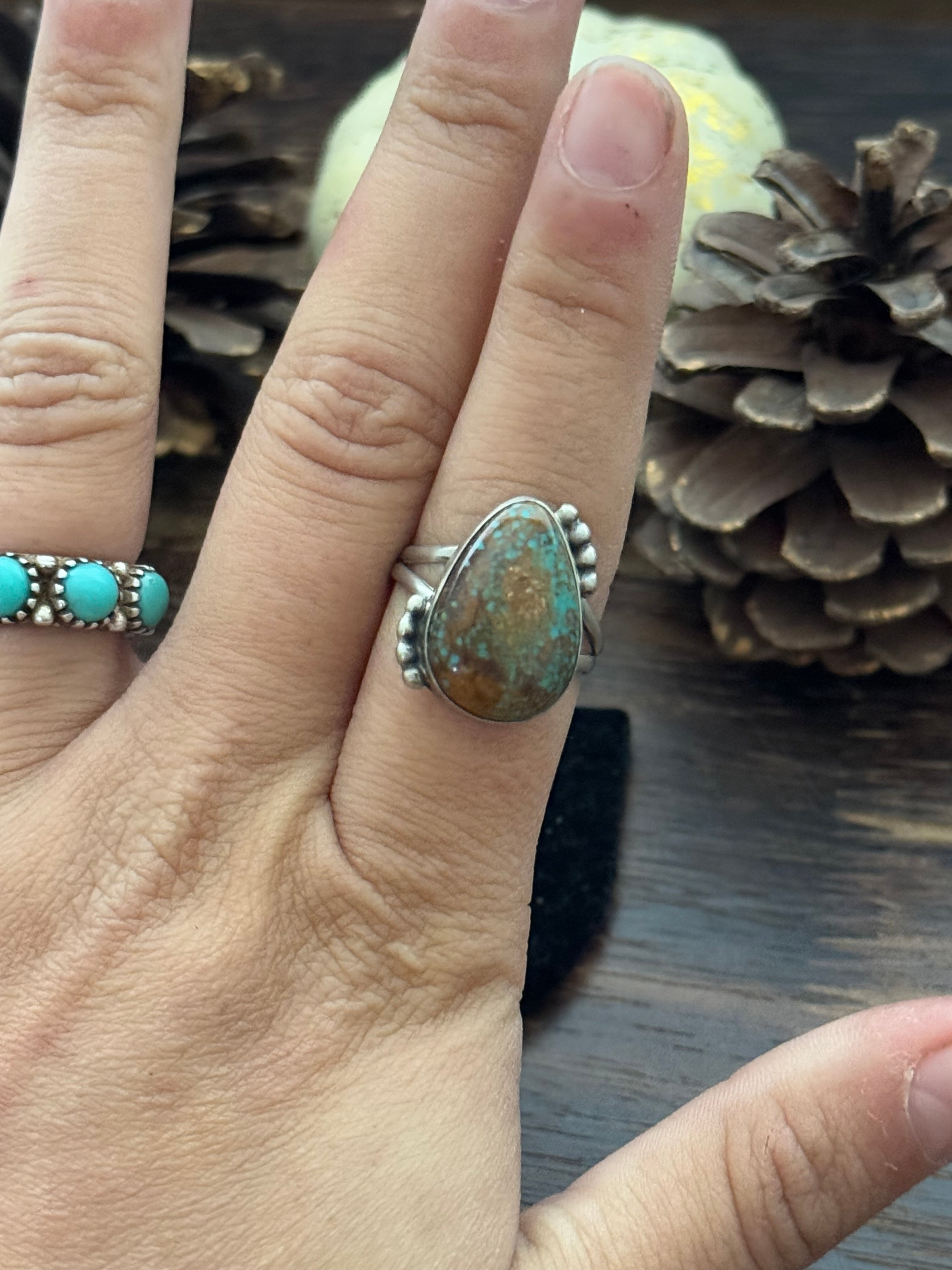 Navajo Made Turquoise Mountain & Sterling Silver Ring Size 7.5