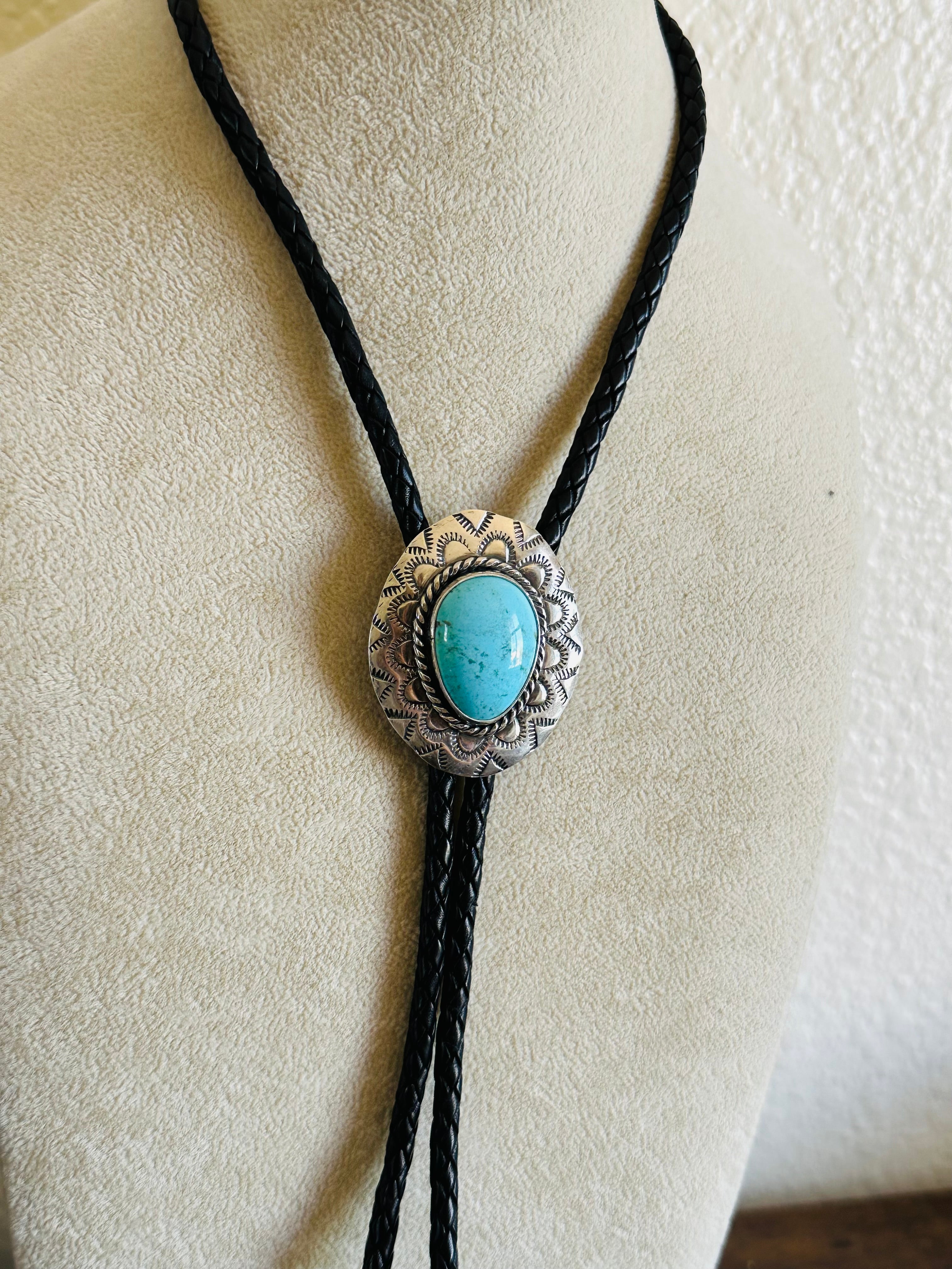 Navajo Made Kingman Turquoise & Sterling Silver Necklace Bolo