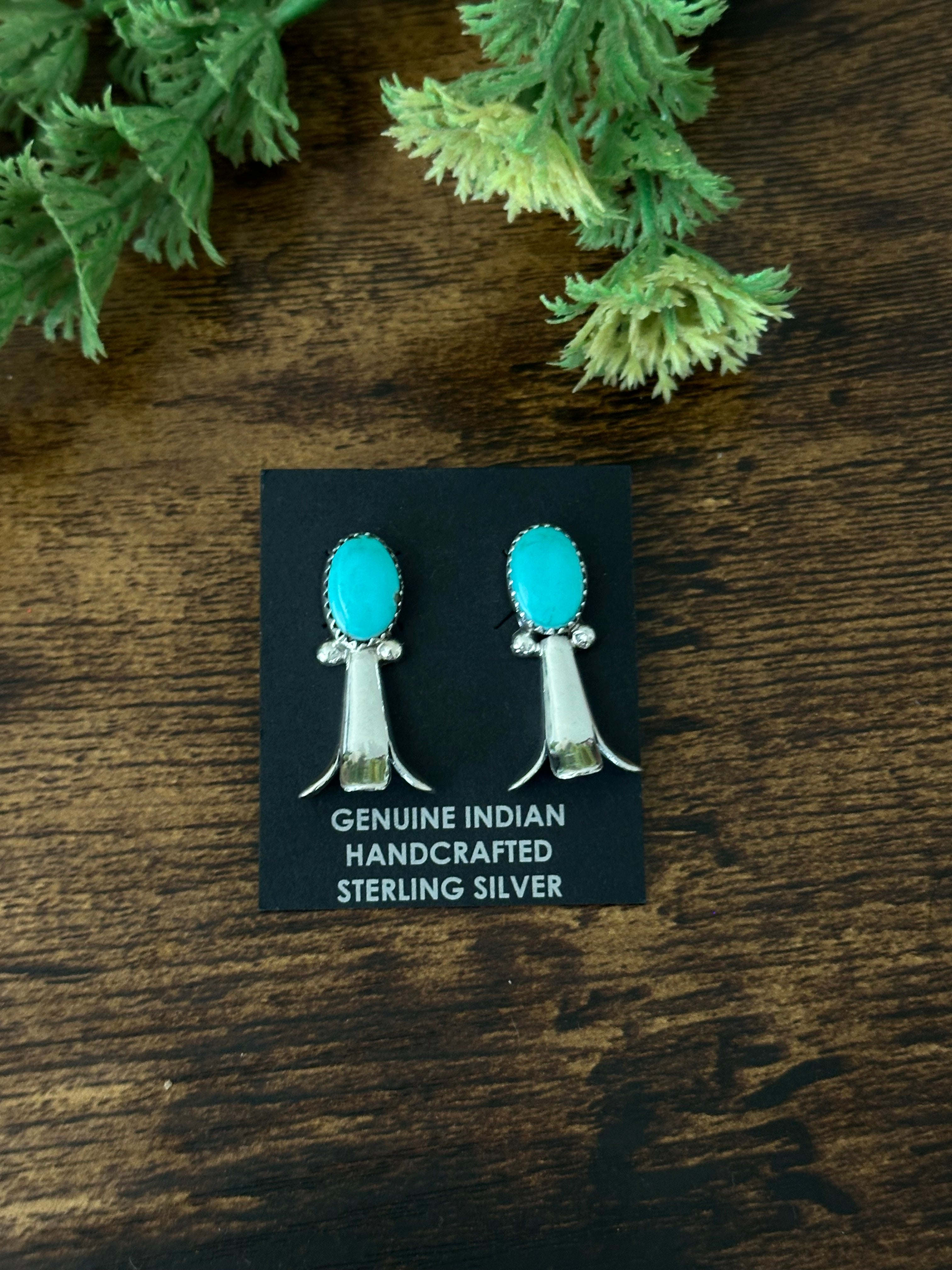 Navajo Made Kingman Turquoise & Sterling Silver Dangle Blossom Earrings