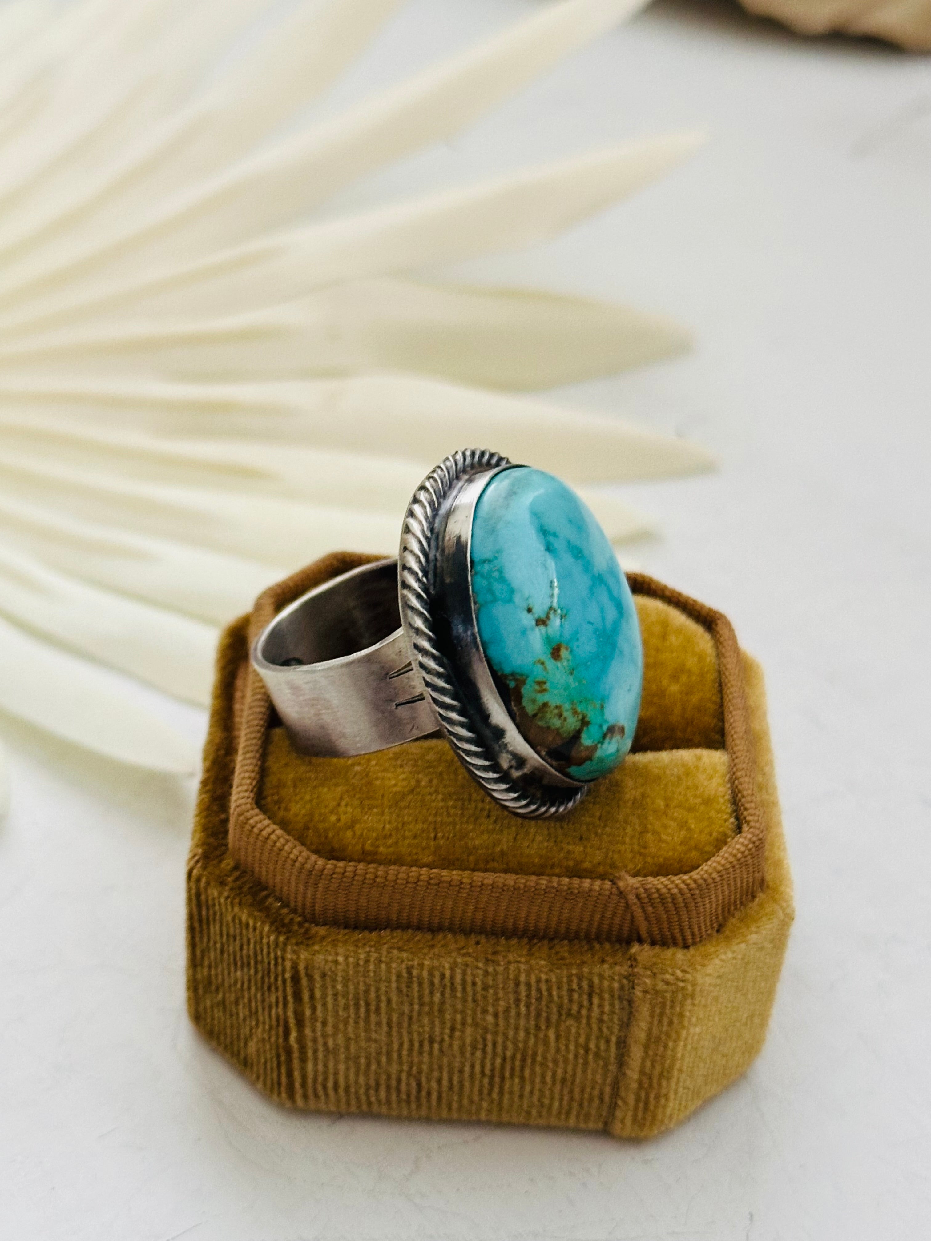 Navajo Made Sonoran Mountain Turquoise & Sterling Silver Ring Size 9