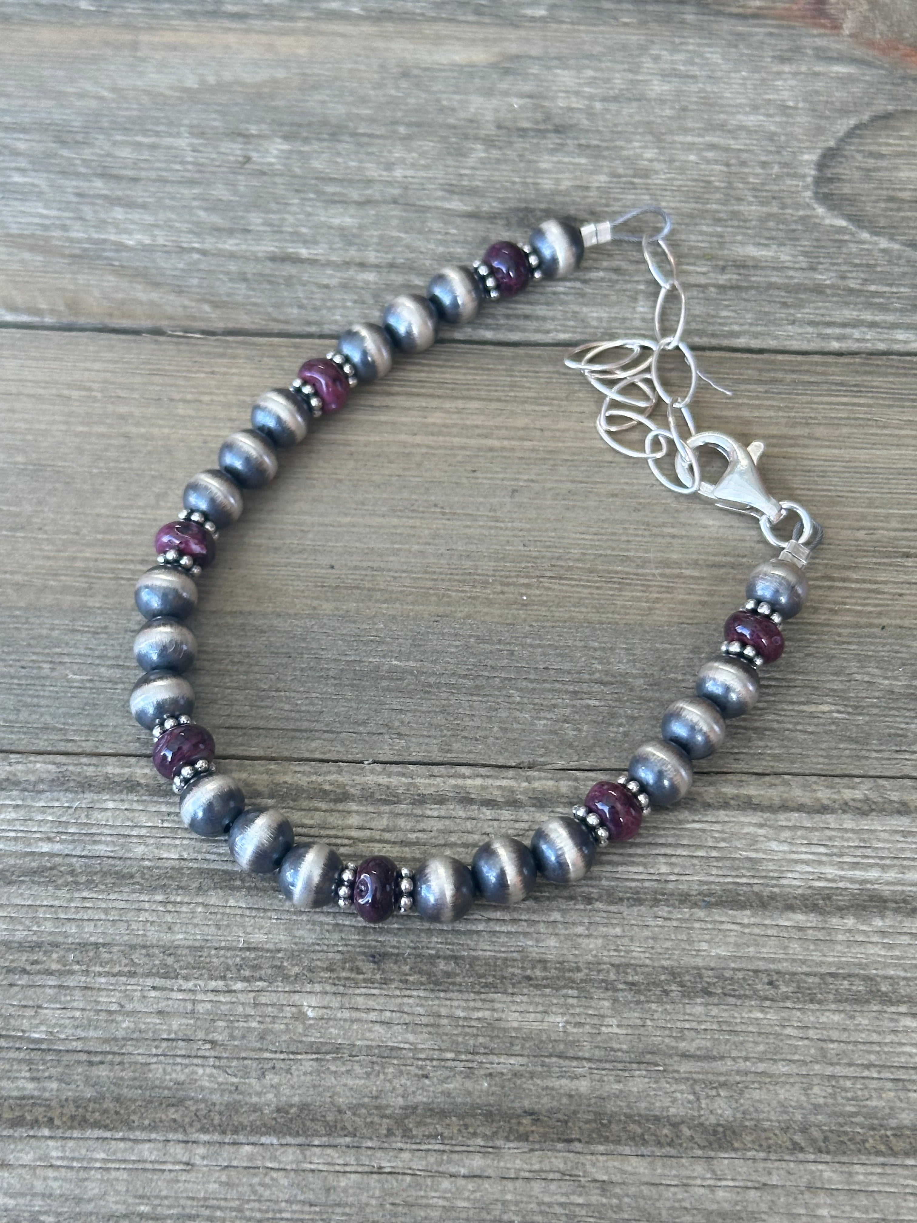 Navajo Strung Purple Spiny Oyster & Sterling Silver Pearl Beaded Bracelet