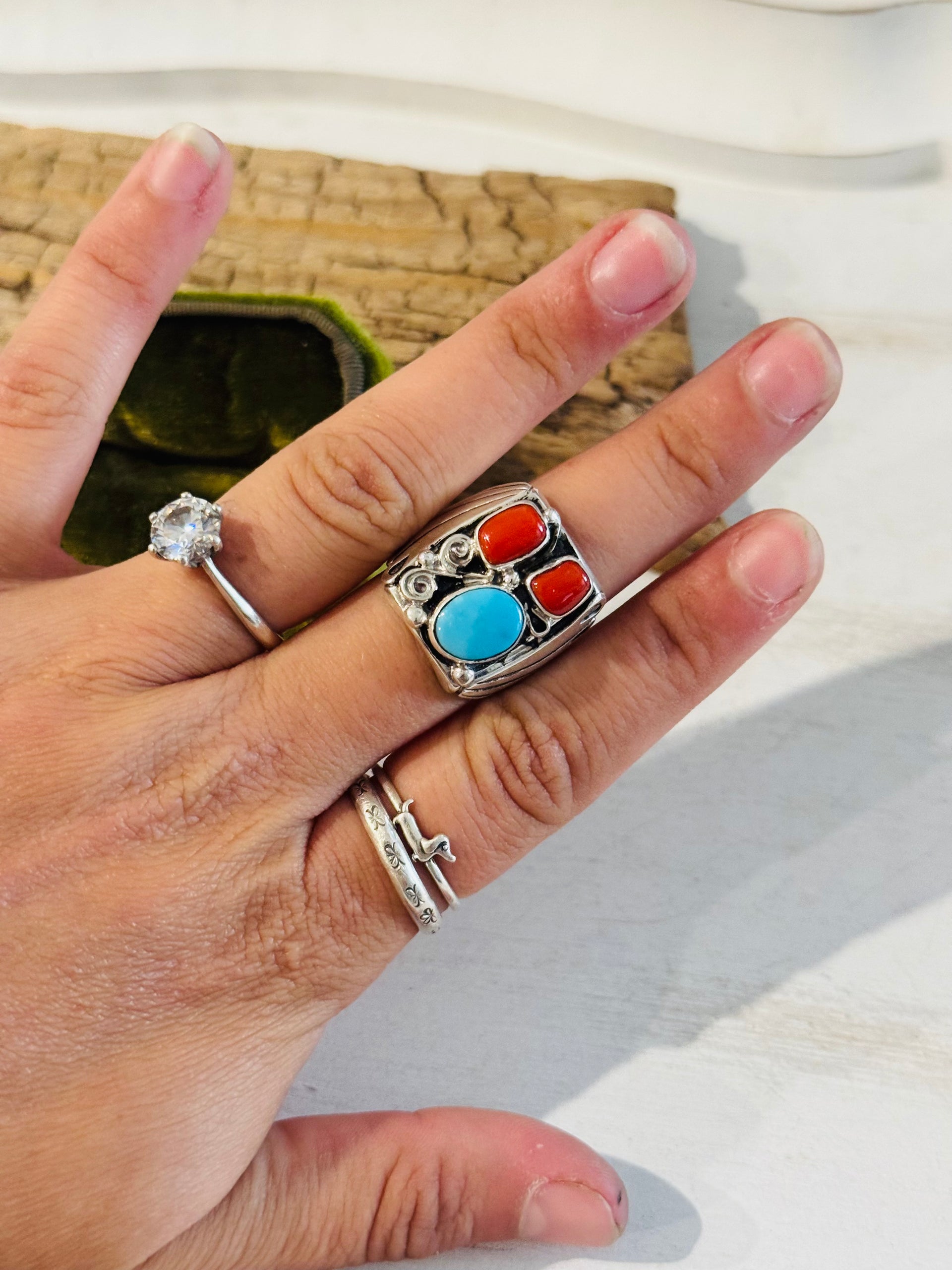 Navajo Made Multi Stone & Sterling Silver Ring Size 7.5