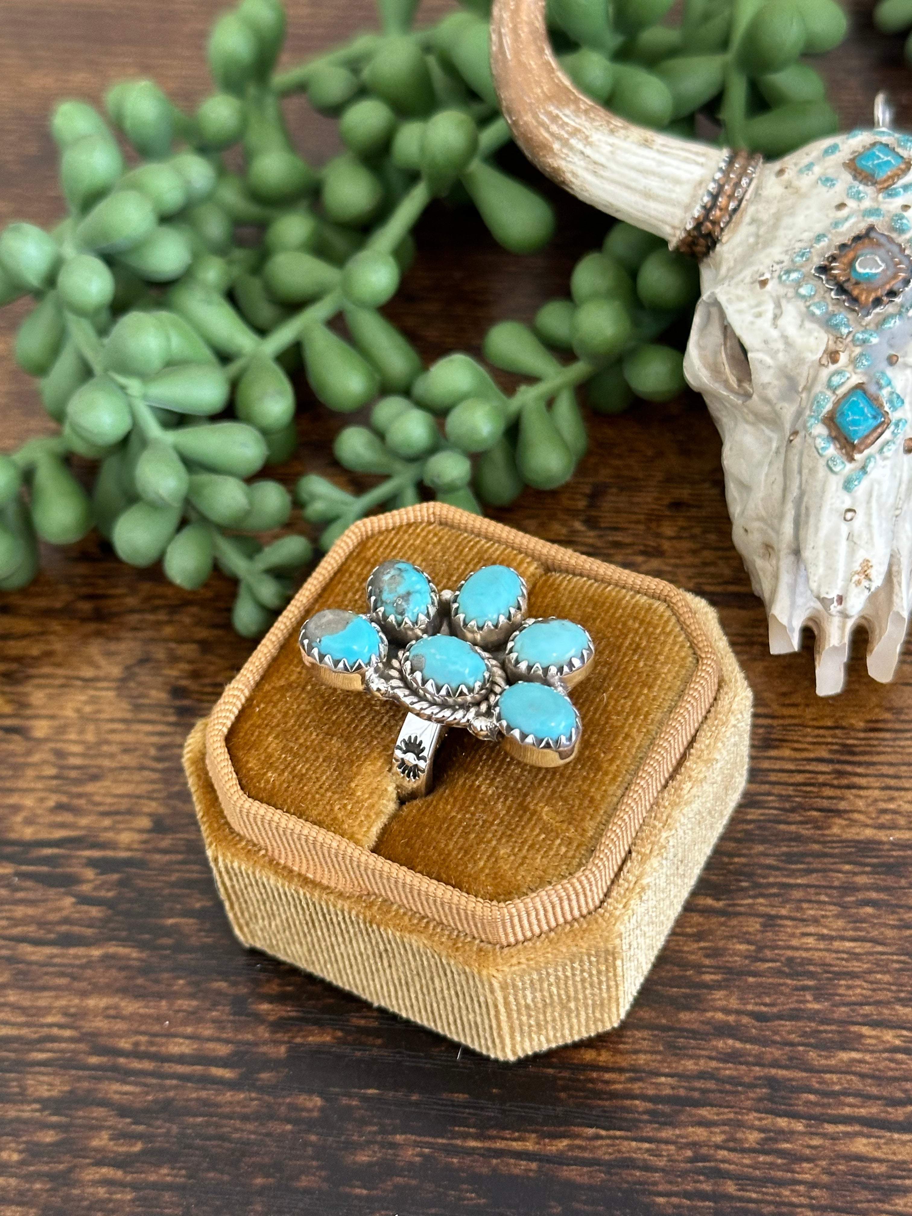 Southwest Handmade Kingman Turquoise & Sterling Silver Adjustable Cluster Ring