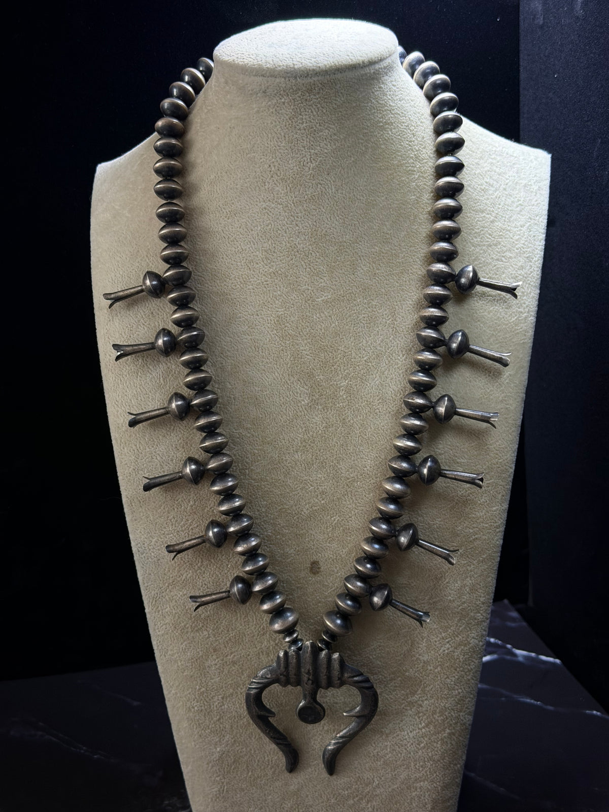 Navajo Strung Sterling Silver Handmade Pearl Squash Blossom Necklace