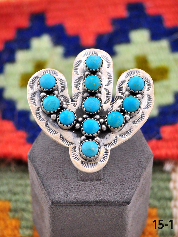 Southwest Made Kingman Turquoise & Sterling Silver Adjustable Cactus Ring