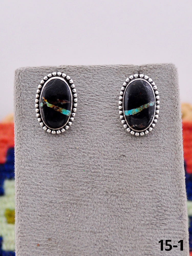 Southwest Handmade Black Jack Turquoise & Sterling Silver Post Earrings