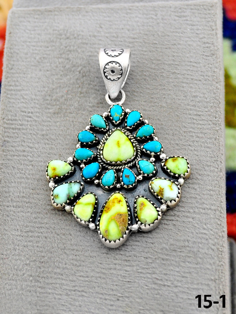 Southwest Handmade Palomino Turquoise with Mohave Turquoise & Sterling Silver Pendants