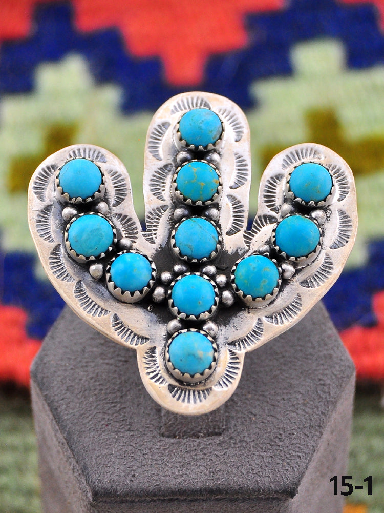 Southwest Made Kingman Turquoise & Sterling Silver Adjustable Cactus Ring