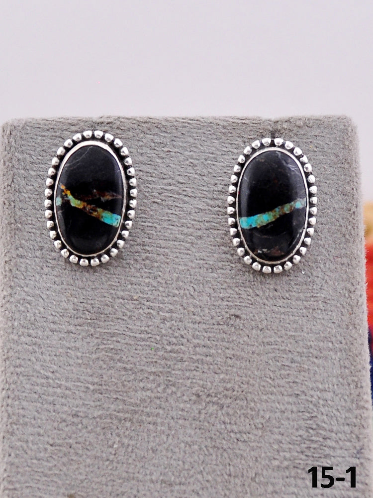 Southwest Handmade Black Jack Turquoise & Sterling Silver Post Earrings