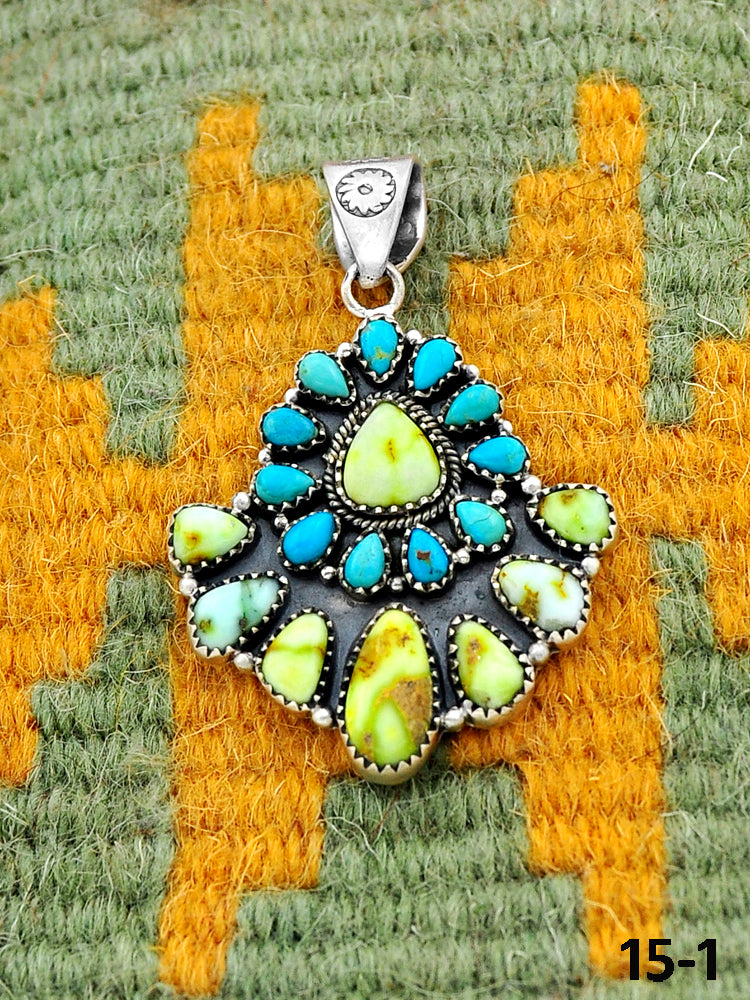 Southwest Handmade Palomino Turquoise with Mohave Turquoise & Sterling Silver Pendants