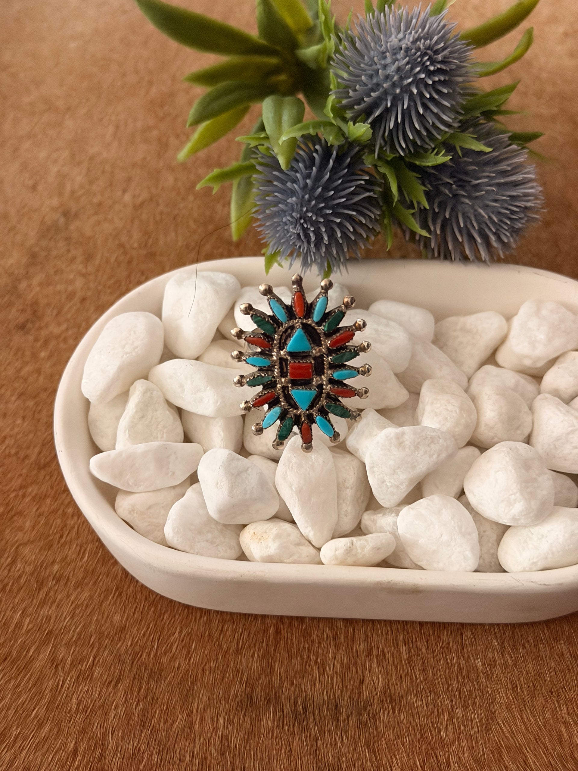 Zuni Made Multi Stone & Sterling Silver Cluster Petite Ring Size 7.5