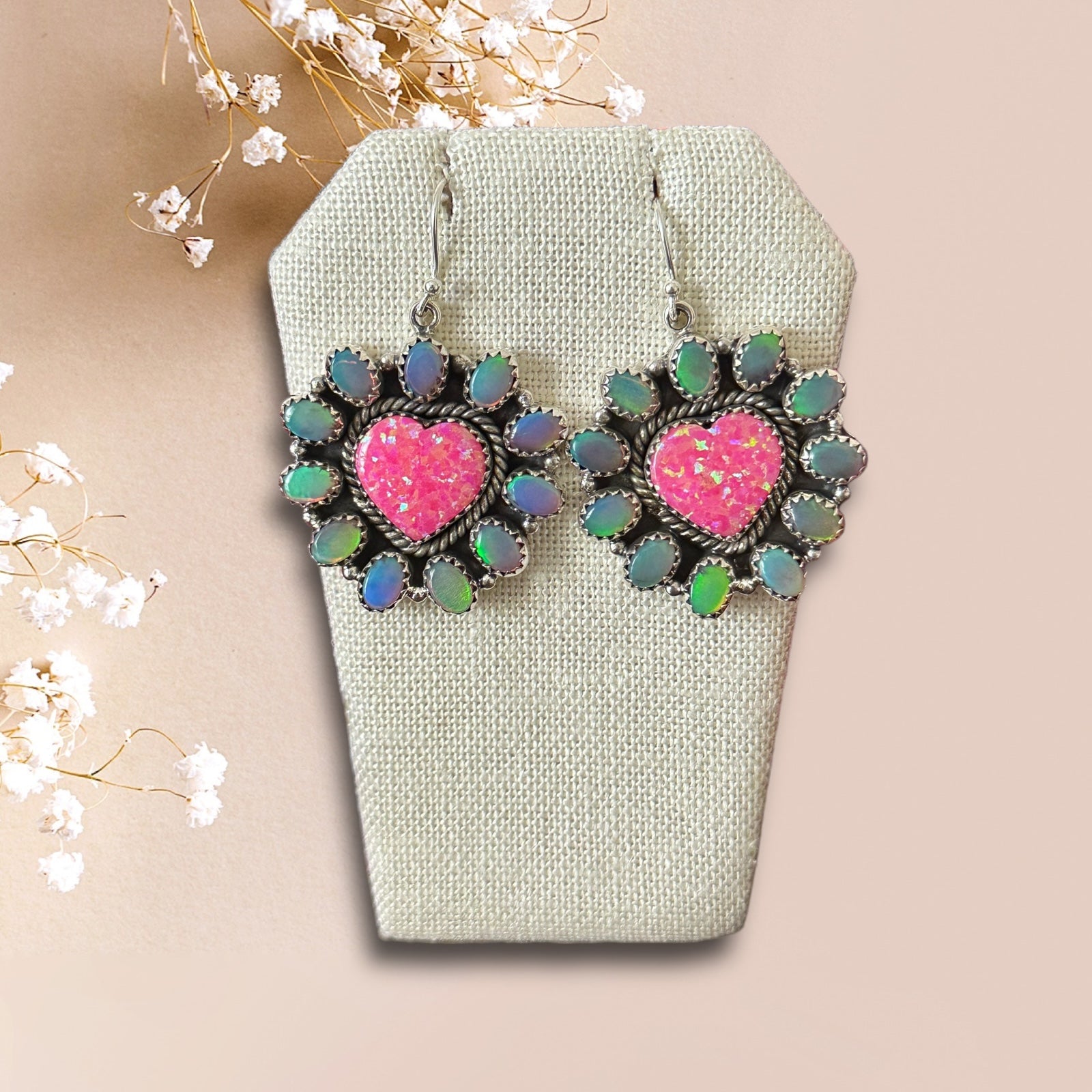 Southwest Handmade Opal & Sterling Silver Dangle Cluster Heart Earrings