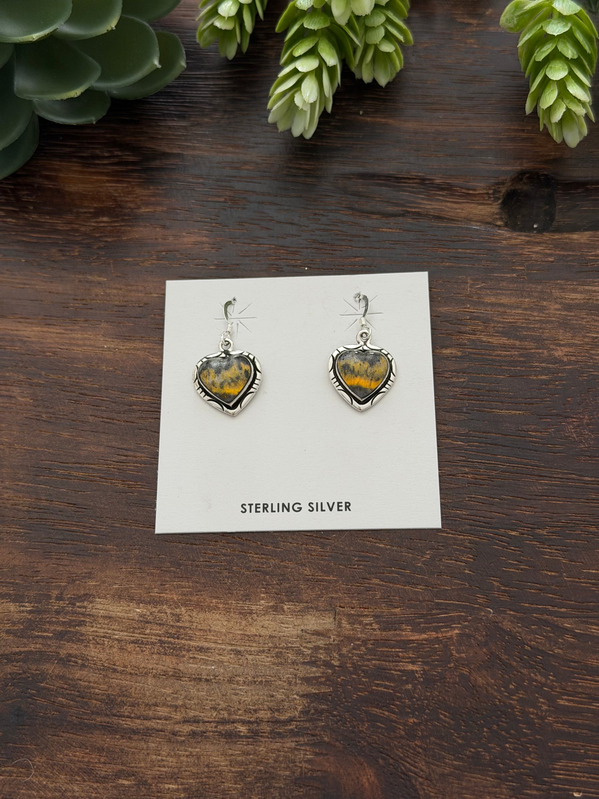 Navajo Made BB Agate & Sterling Silver Dangle Heart Earrings