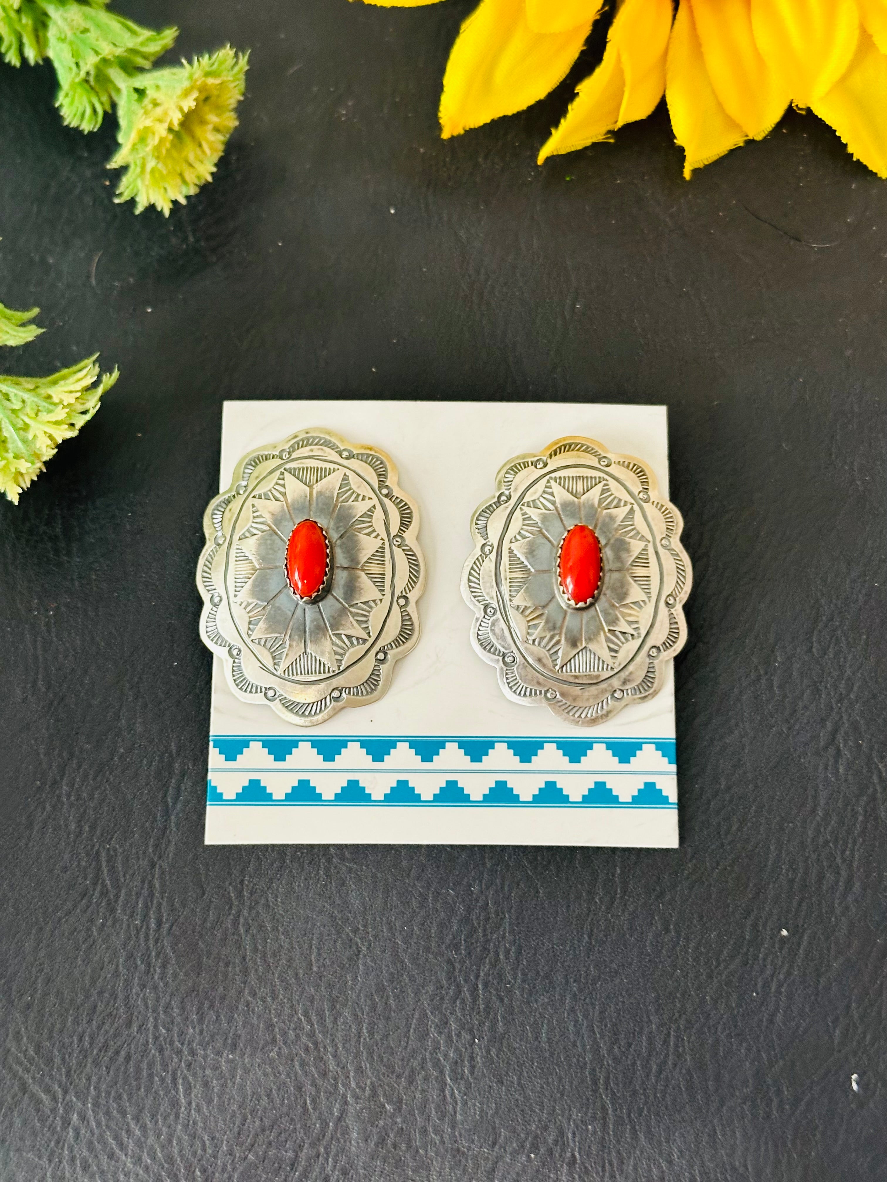 Navajo Made Coral & Sterling Silver Post Earrings