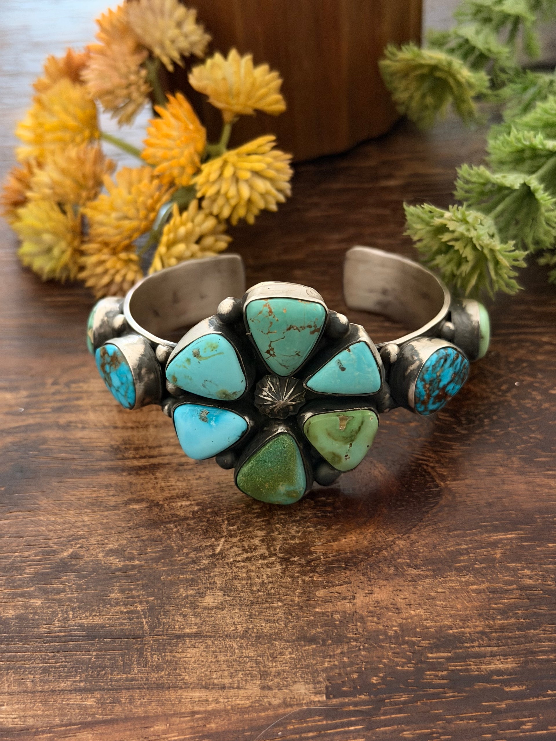 Tillie John Mixed Turquoise & Sterling Silver Cluster Cuff Bracelet
