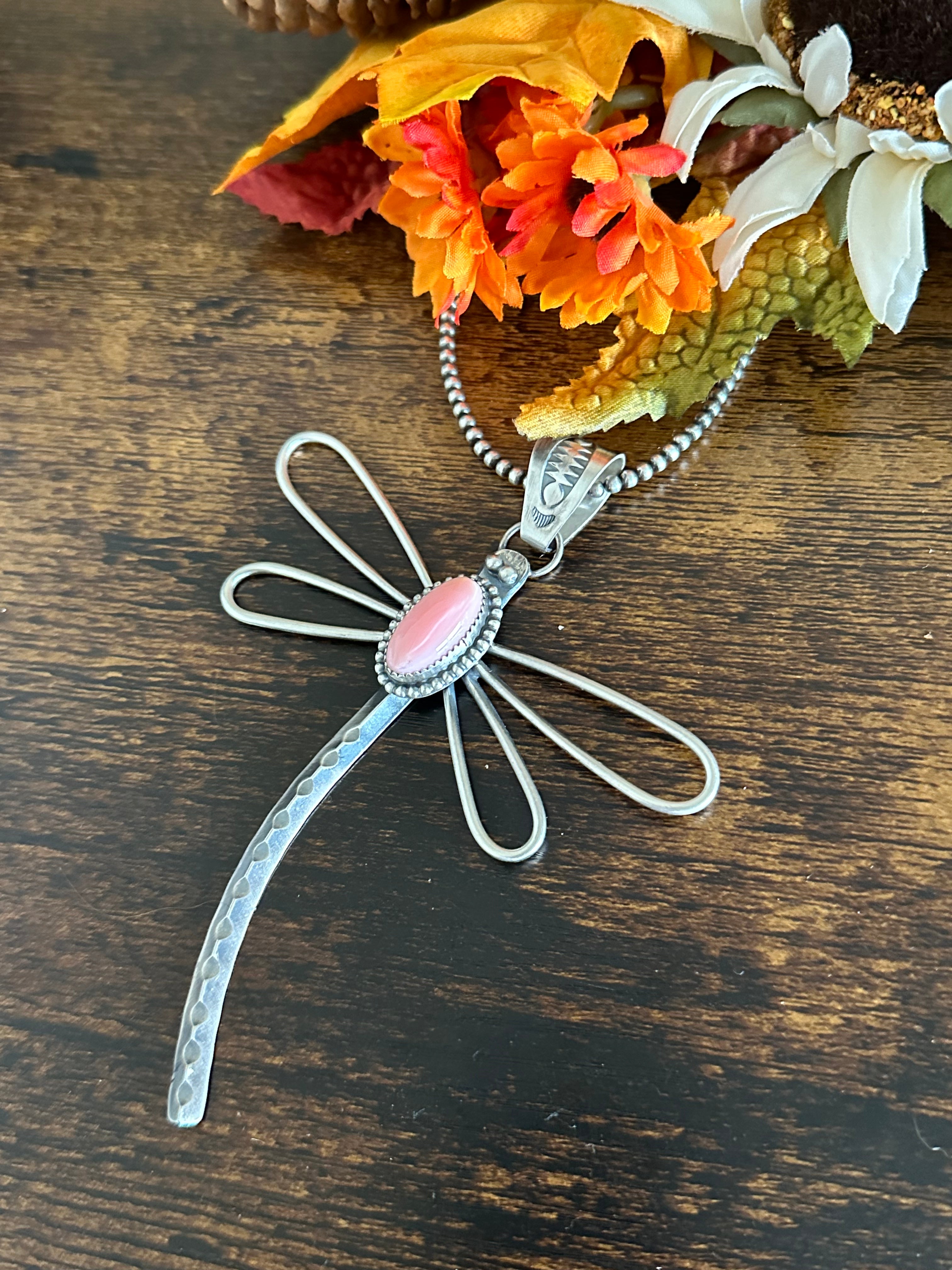 Delbert Secatero Pink Conch & Sterling Silver Dragonfly Pendant