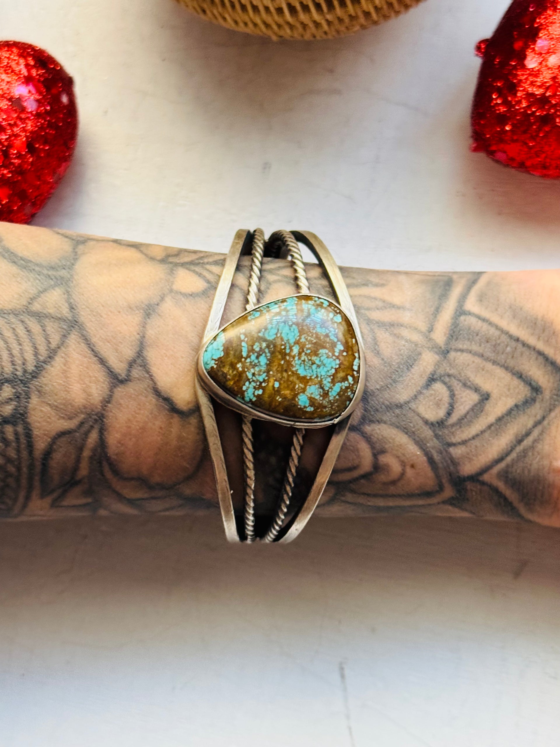 Navajo Handmade #8 Turquoise & Sterling Silver Cuff Bracelet