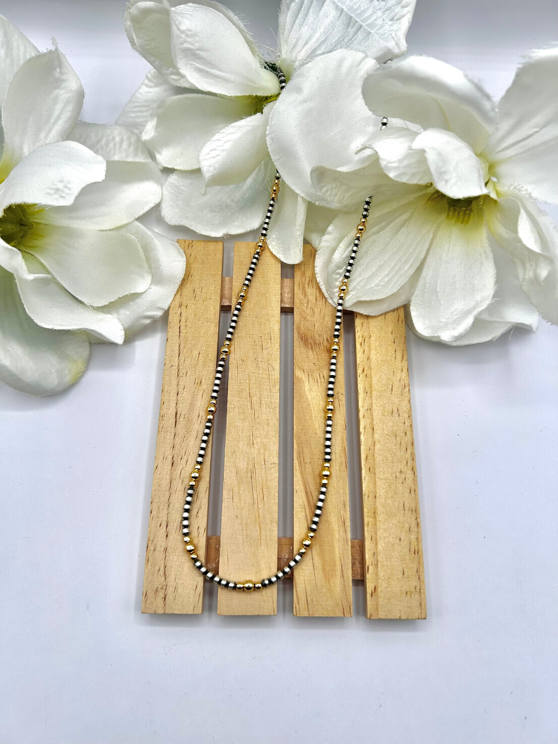 Navajo Made Strung 14K Gold Plated & Sterling Silved Necklace