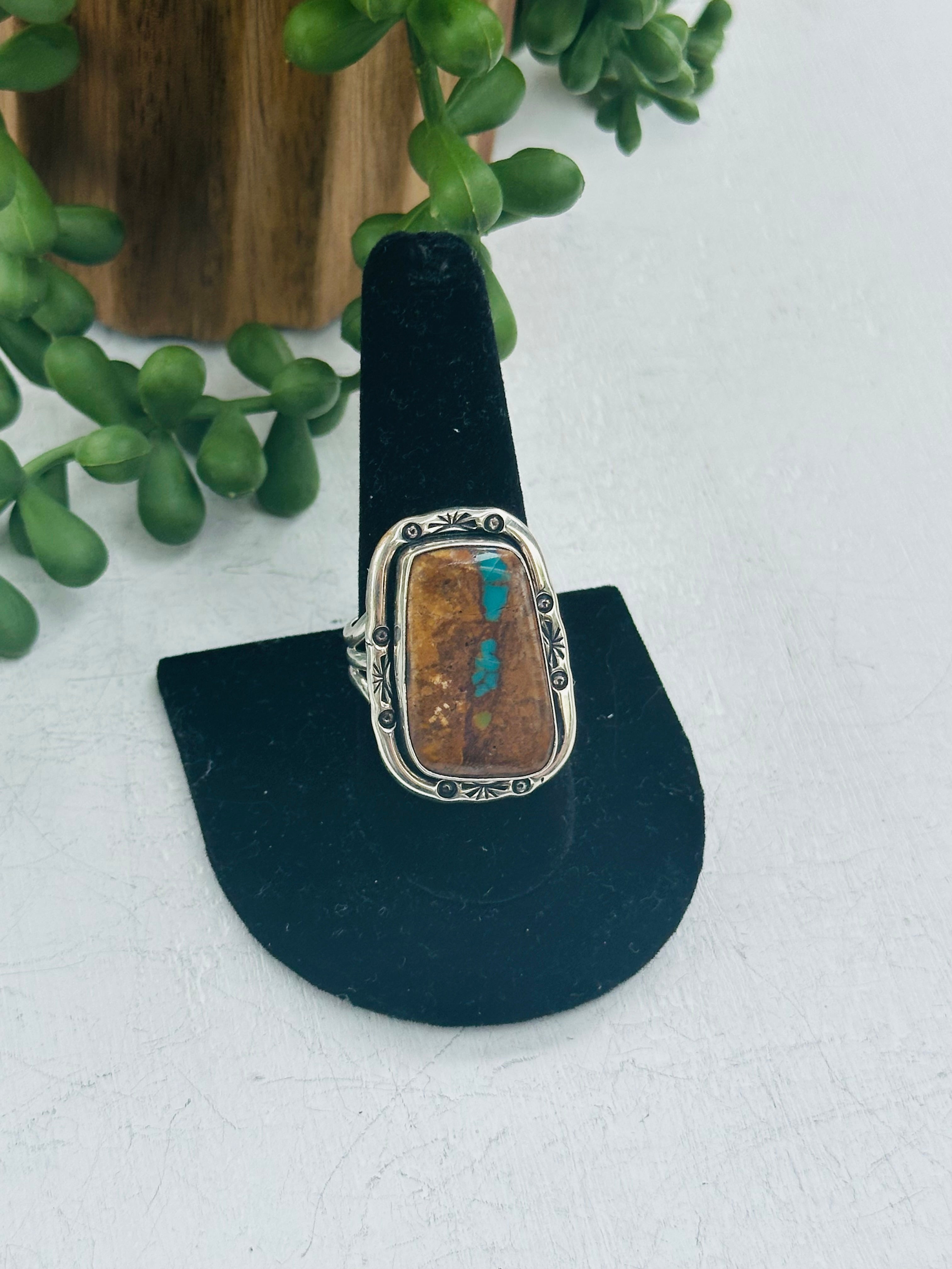 Navajo Made Ribbon Royston Turquoise and Sterling Silver Ring Size 10.25