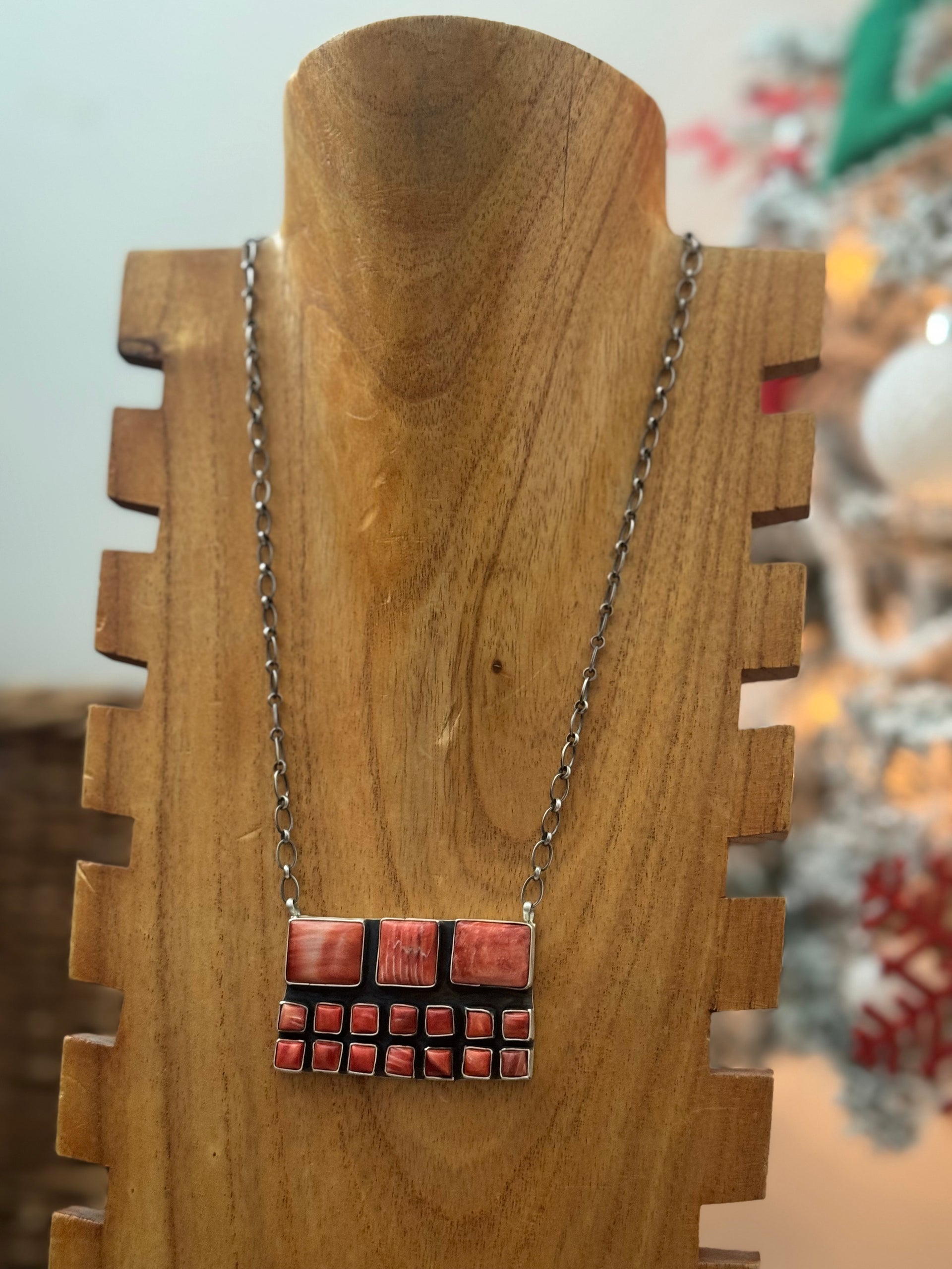 Navajo Made Red Spiny Oyster & Sterling Silver Cluster Bar Necklace