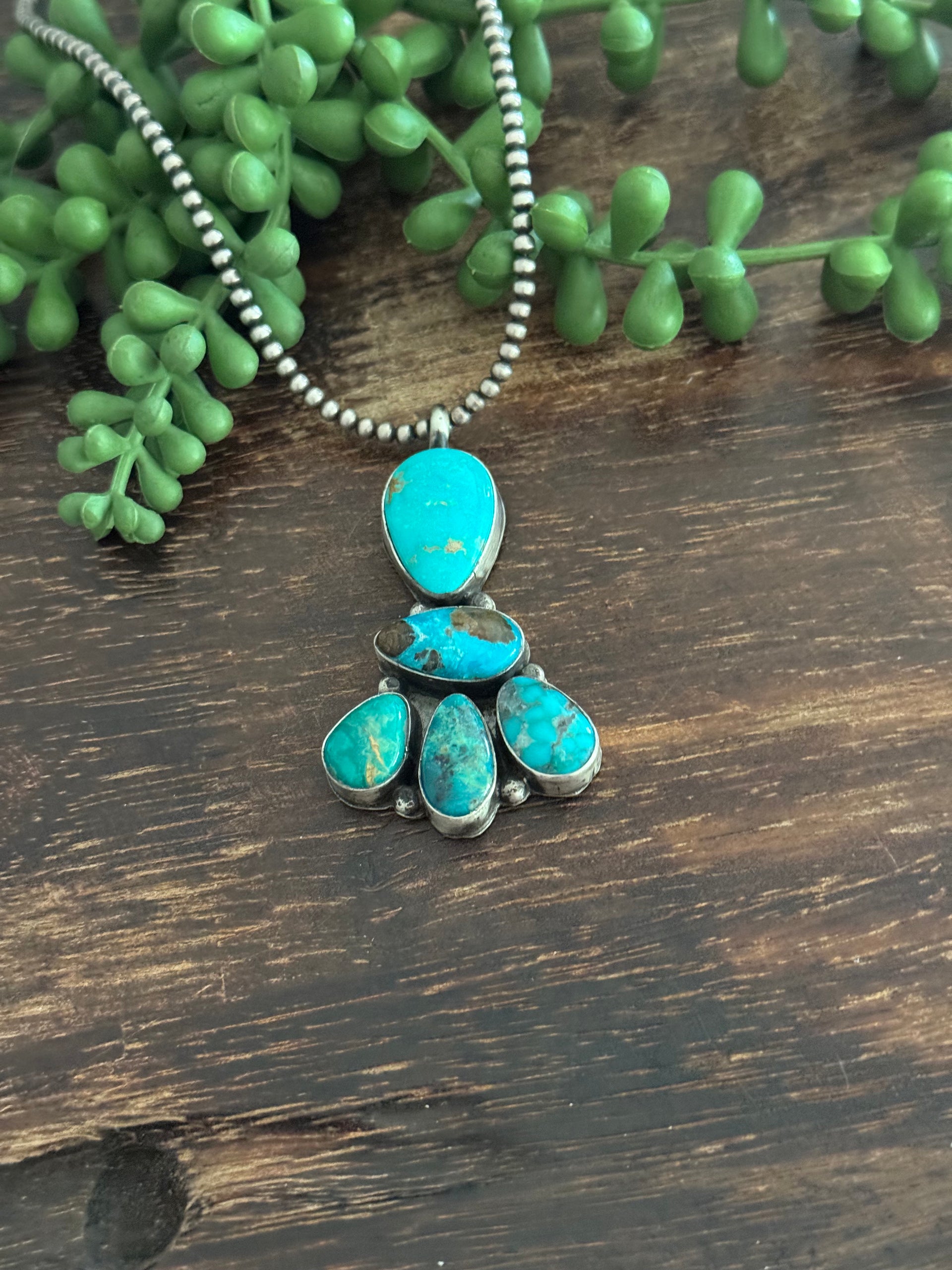 Navajo Made Kingman Turquoise & Sterling Silver Cluster Pendant