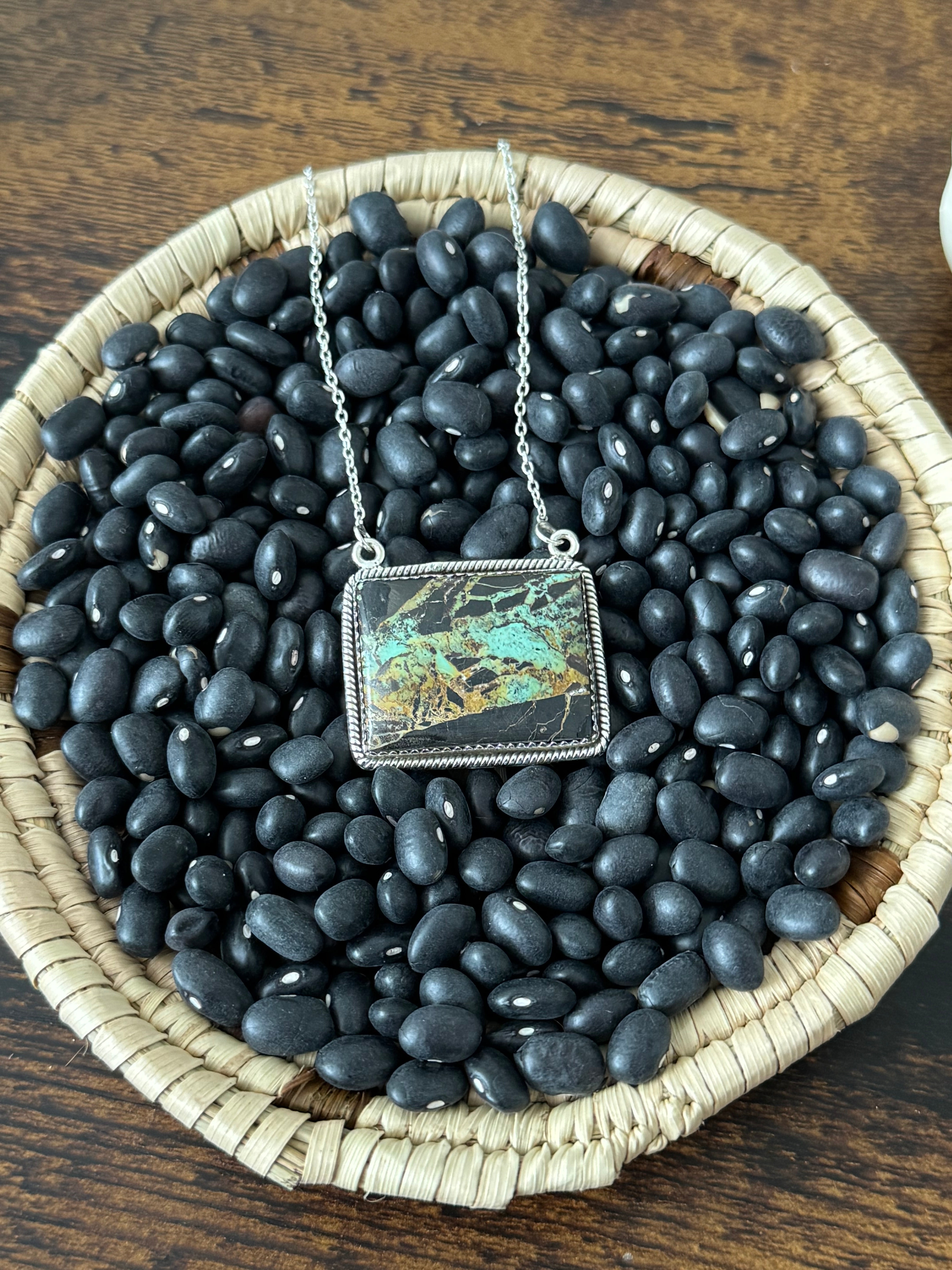 Southwest Handmade Black Jack Turquoise & Sterling Silver Bar Necklace