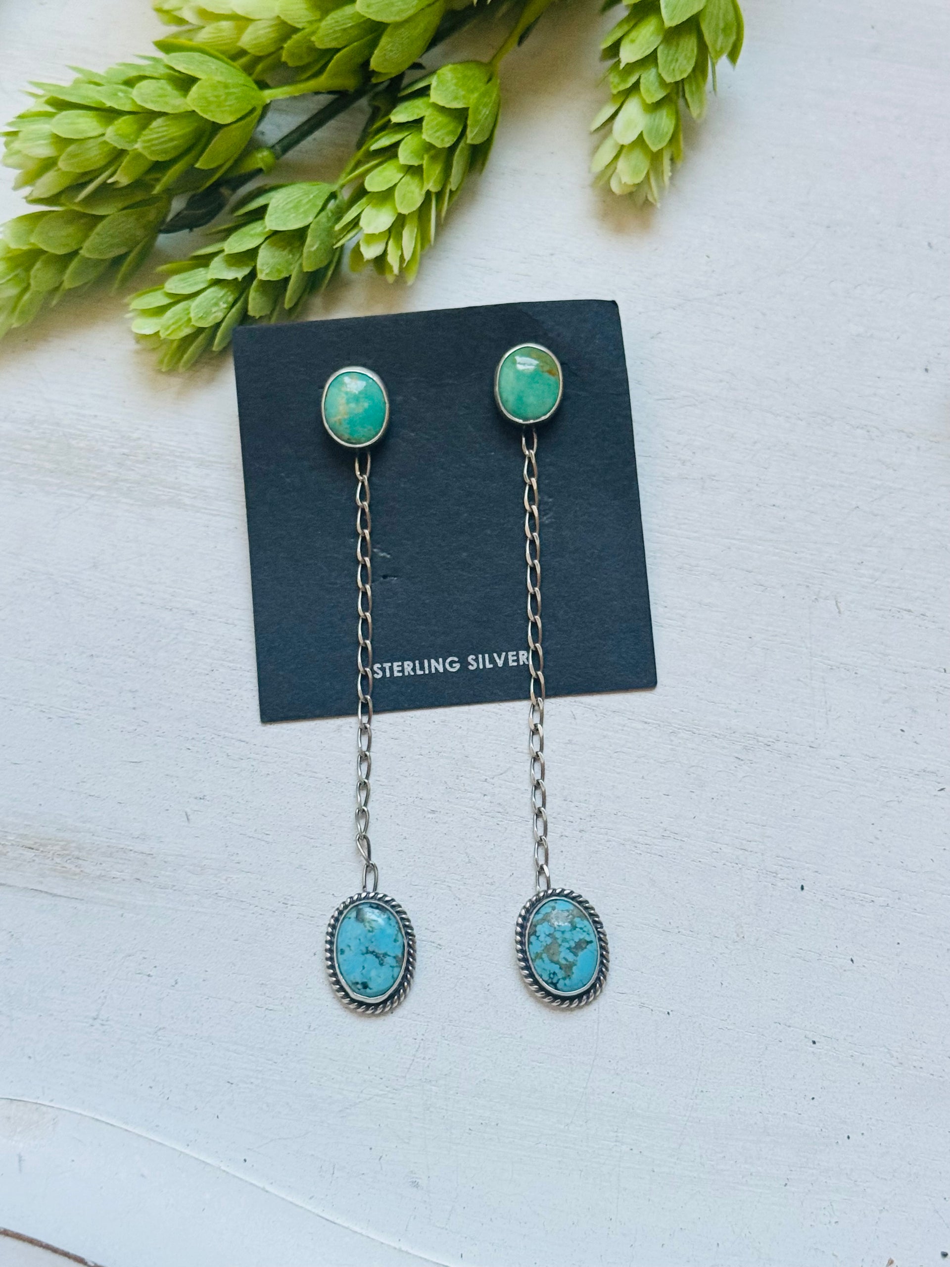 Navajo Made Kingman Turquoise & Sterling Silver Post Dangle Earrings